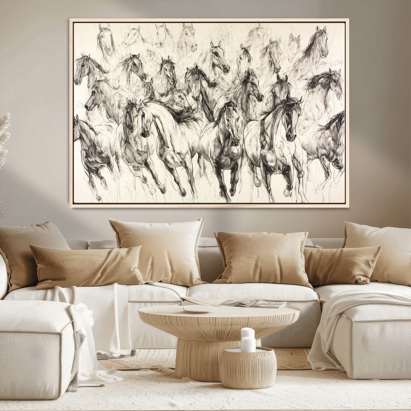 Monochrome ink sketch of galloping horses in dynamic motion, perfect for western or equine-themed wall decor with bold artistic energy.