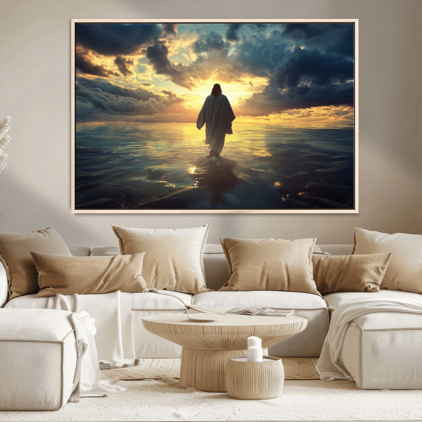 MGV-FC-36X24 - Jesus Walks Wall Art Canvas Print, Framed Divine Sunset Art Picture Print, Spiritual Light Perfect Spiritual Tranquil Decor Artwork