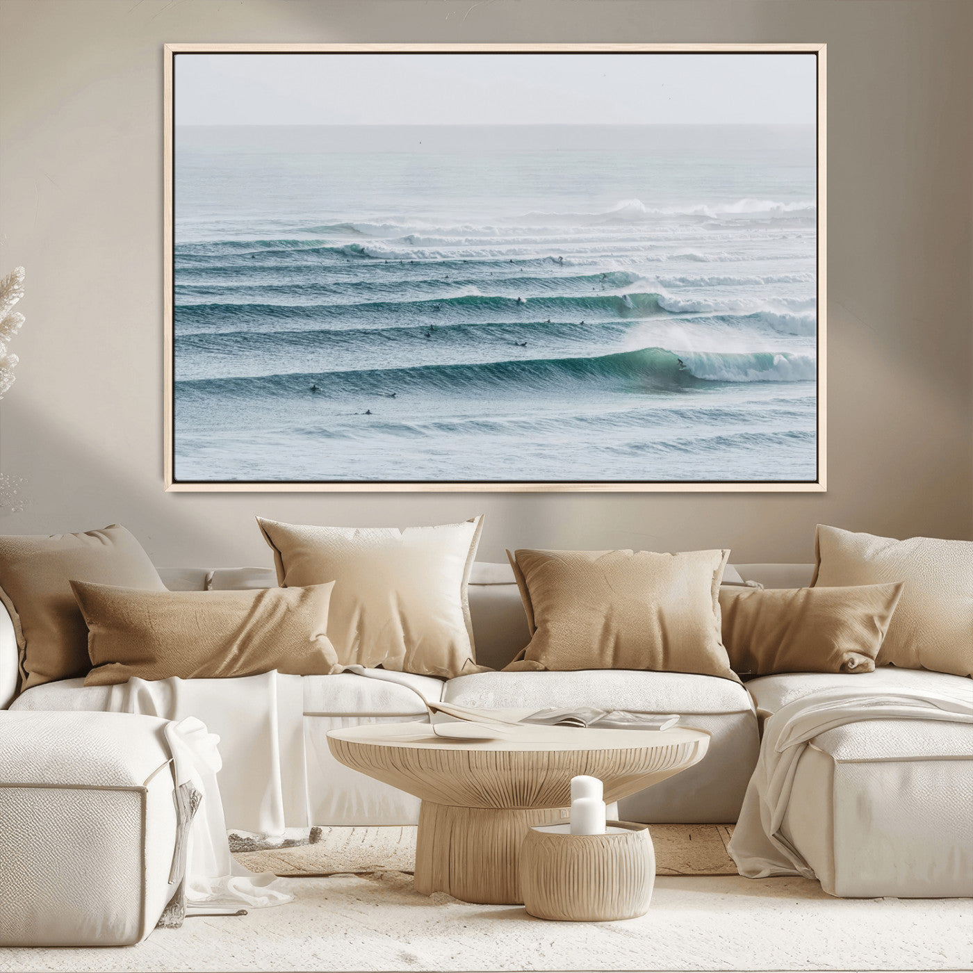 MGV-FC-36X24 - Ocean Waves Wall Art Canvas Print, Framed Surfer Lineup Art Picture Print, Crowded Ocean Perfect Minimal Coastal Decor Artwork