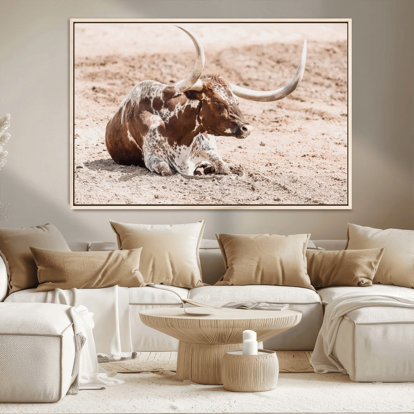 MGV-FC-36X24 - Texas Longhorn Wall Art Canvas Print, Framed Resting Bull Art Picture Print, Spotted Cattle Perfect Rustic Western Decor Artwork