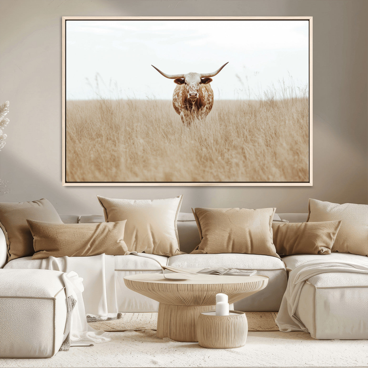 MGV-FC-36X24 - Texas Longhorn Wall Art Canvas Print, Framed Lone Cattle Art Picture Print, Longhorn Bull Perfect Rustic Western Decor Artwork