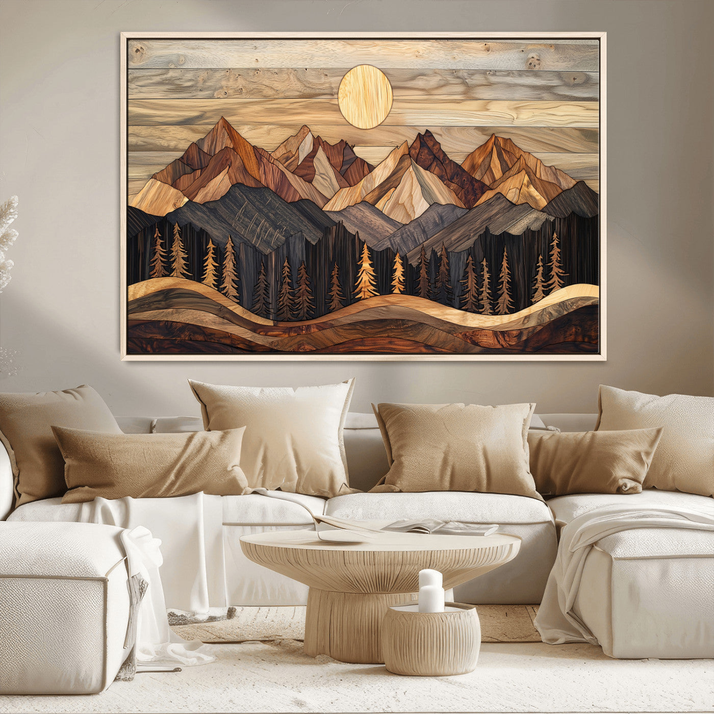 MGV-FC-36X24 - Wood Mountain Wall Art Canvas Print, Framed Boho Wood Art Picture Print, Abstract Woodland Perfect Farmhouse Decor Artwork