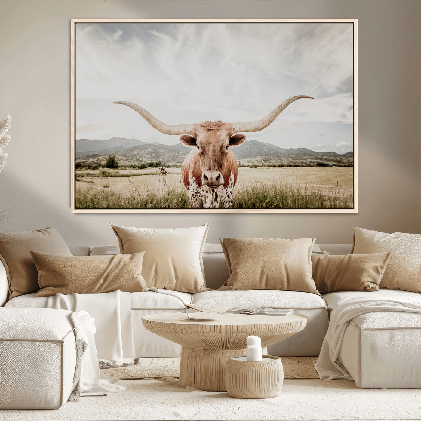 MGV-FC-36X24 - Texas Longhorn Wall Art Canvas Print, Framed Western Cow Art Picture Print, Rustic Farmhouse Perfect Farmhouse Decor Artwork