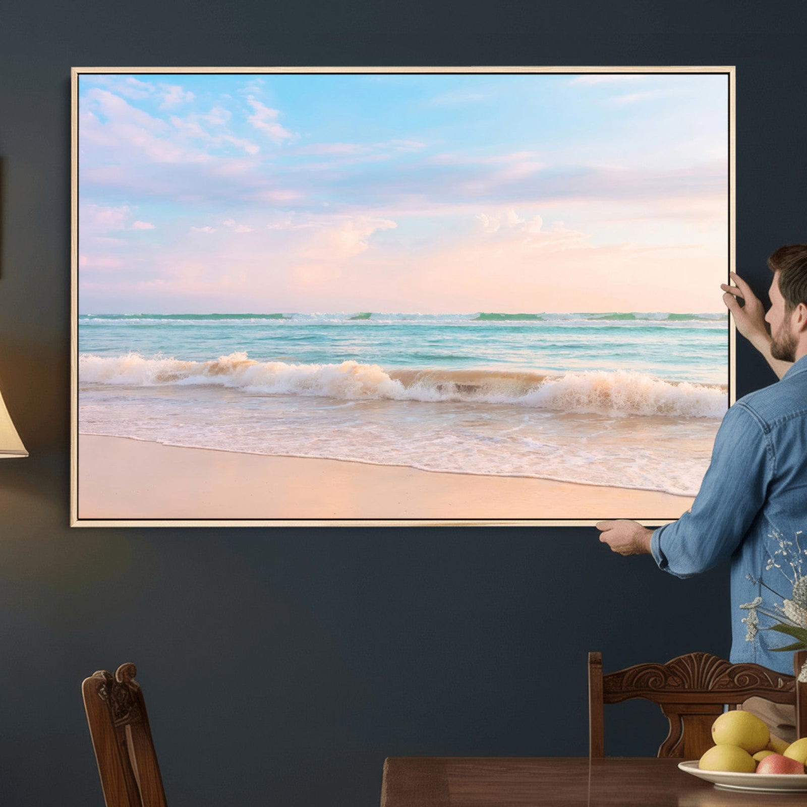 74679437-MGV-CV-36X24 - Serene Waves Wall Art – Golden Shore & Soft Pastel Sky Canvas Print, Gentle Ocean and Peaceful Sunset for Living Room or Office