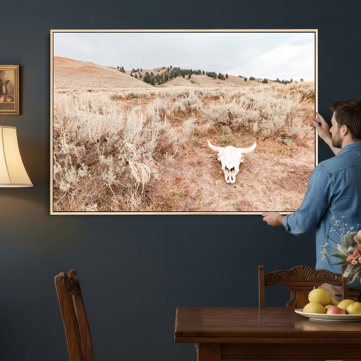 97234735-MGV-CV-36X24 - Desert Skull Wall Art – Arid Landscape & Sagebrush Canvas Print, Rustic Nature and Earth Tones for Living Room or Minimalist Decor