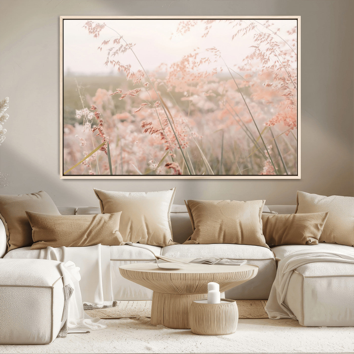 MGV-FC-36X24 - Pastel Grasses Wall Art Canvas Print, Framed Soft Meadow Art Picture Print, Field in Breeze Perfect Soft Pastel Minimal Decor Artwork