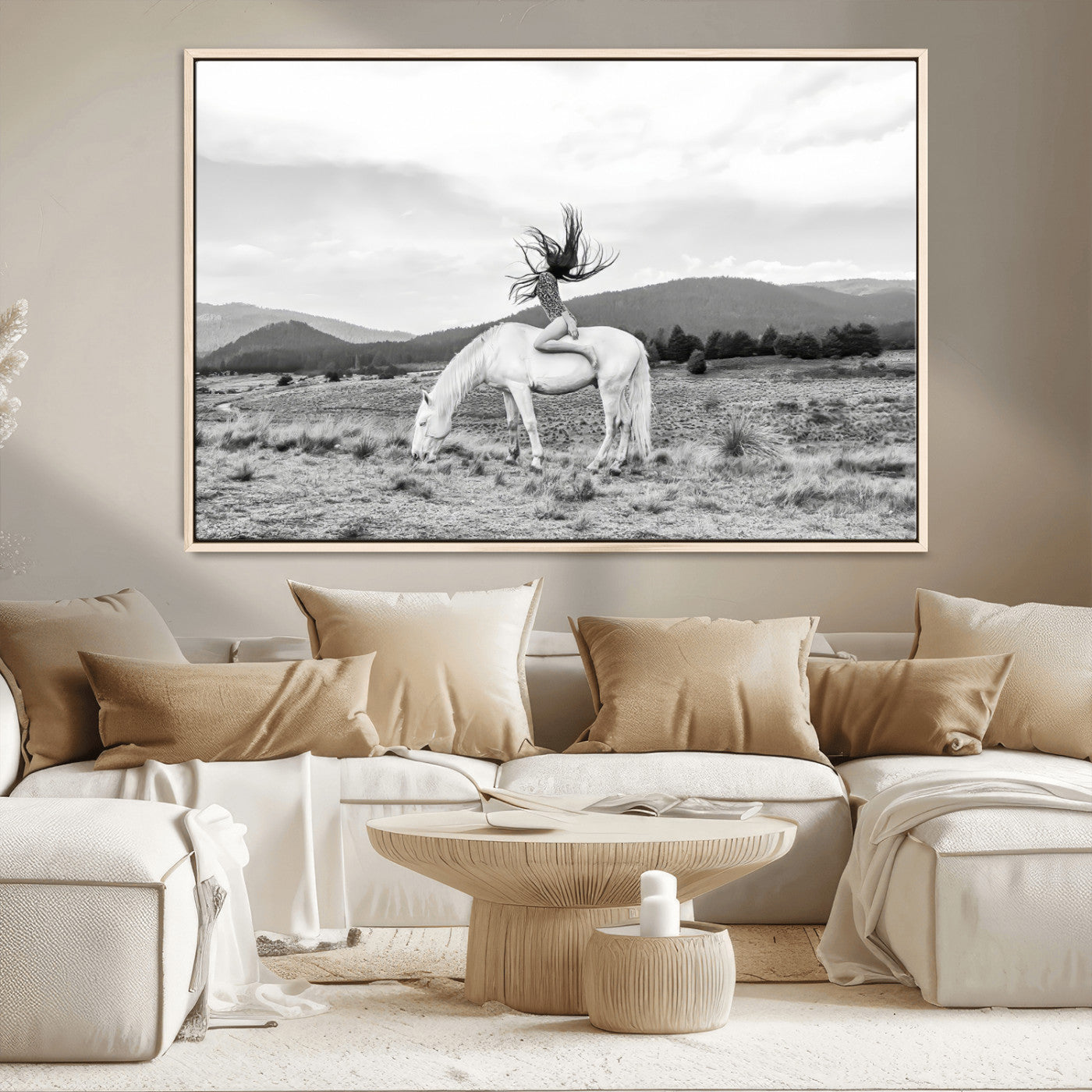 MGV-FC-36X24 - White Horse Wall Art Canvas Print, Framed Woman Rider Art Picture Print, Equestrian Pose Perfect Western Boho Decor Artwork