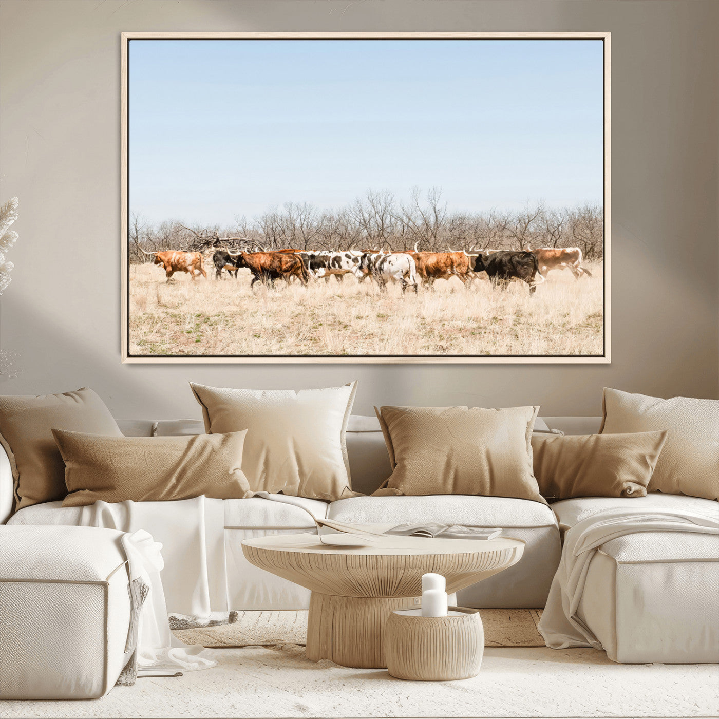 MGV-FC-36X24 - Texas Longhorns Wall Art Canvas Print, Framed Western Cattles Art Picture Print, Rustic Herd Perfect Rustic Farmhouse Decor Artwork