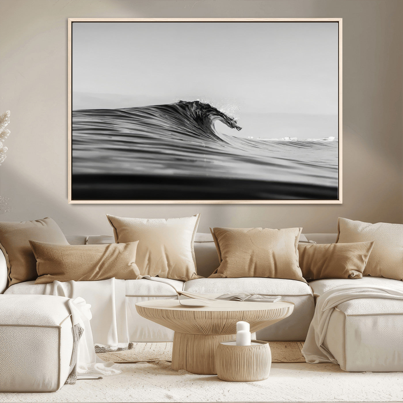 MGV-FC-36X24 - Black Wave Wall Art Canvas Print, Framed Abstract Surf Art Picture Print, Minimalist Ocean Perfect Minimalist Coastal Decor Artwork