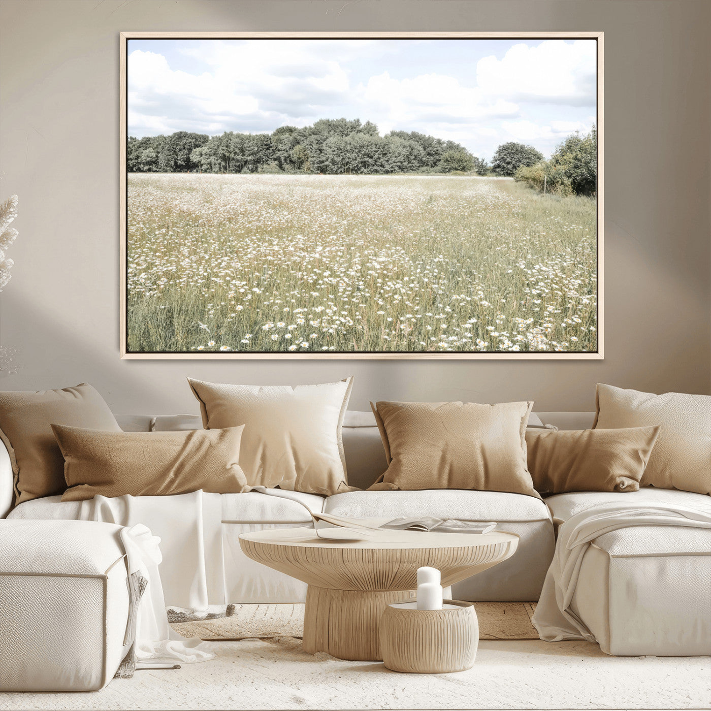 MGV-FC-36X24 - Charming Daisy Field Wall Art Canvas Print, Framed Pastel Flower Art Picture Print, Meadow Bloom Perfect Scandinavian Minimalist Decor Artwork