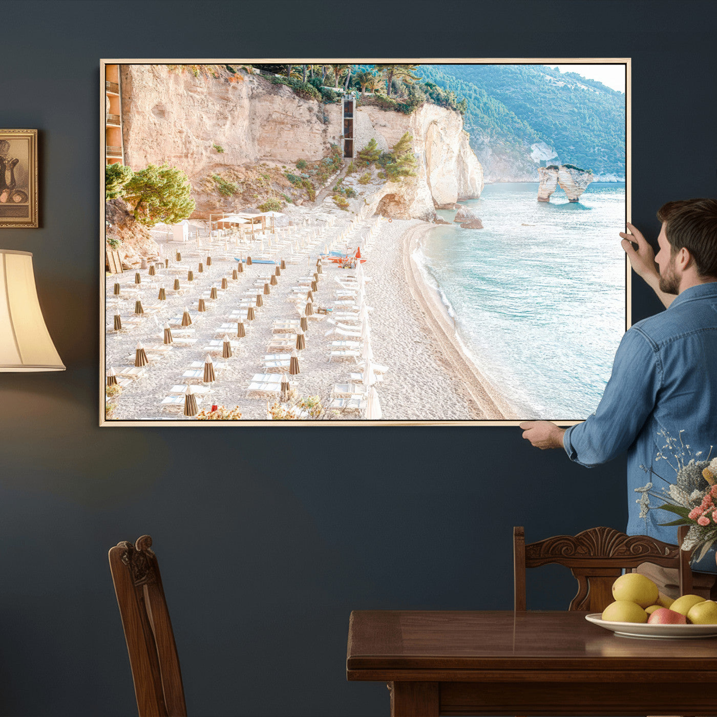 84816639-MGV-CV-36X24 - Sunny Beach Wall Art – Chairs & Umbrellas Canvas Print, Clear Water, Rocky Cliffs, Coastal Calm for Living Room or Vacation Home Decor