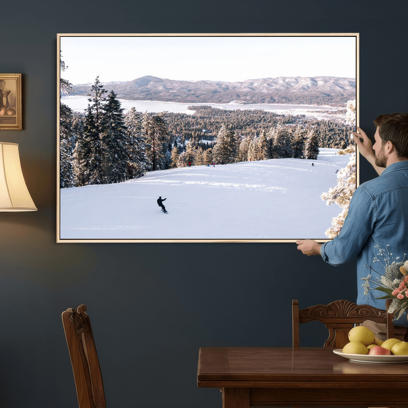 79857868-MGV-CV-36X24 - Snowboarder Wall Art – Winter Slope Canvas Print, Pine Forest, Snow-Covered Mountains, Outdoor Adventure for Living Room or Cabin Decor