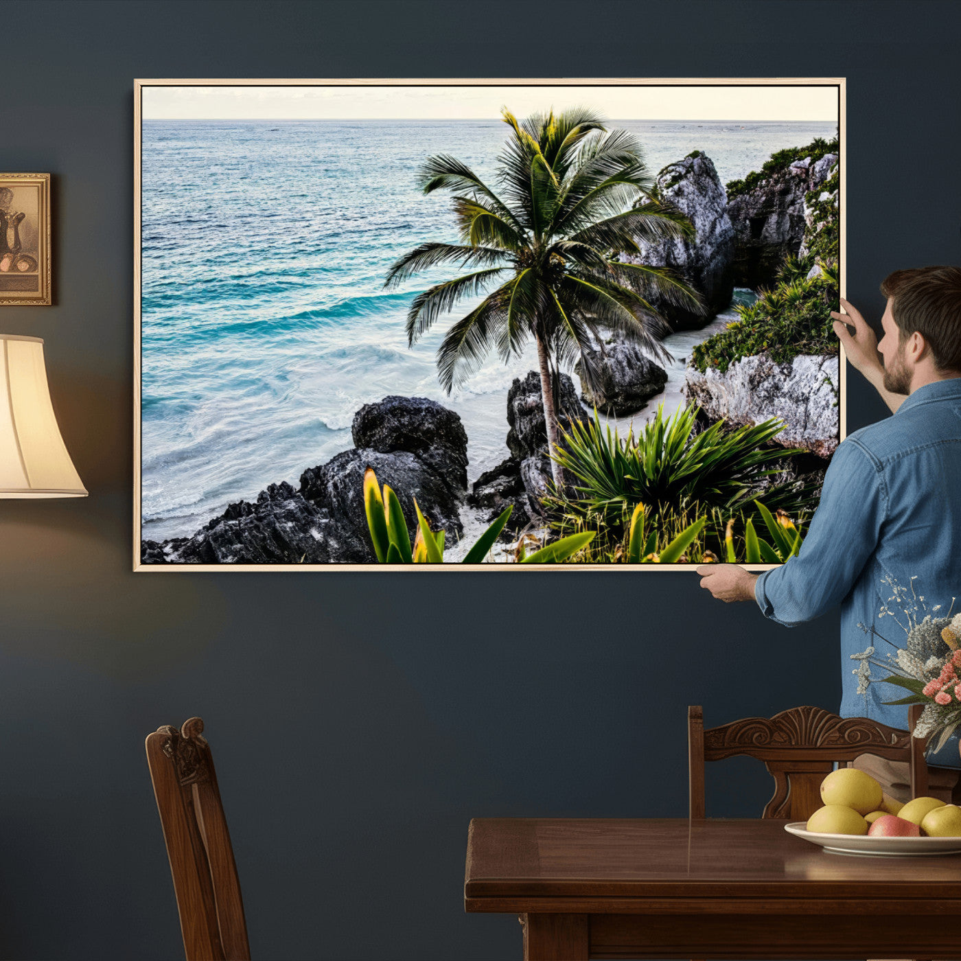94669907-MGV-CV-36X24 - Tropical Palm Wall Art – Coastal Rocks Canvas Print, Ocean Breeze, Sandy Shore, Vibrant Green Foliage for Living Room or Beach House Decor