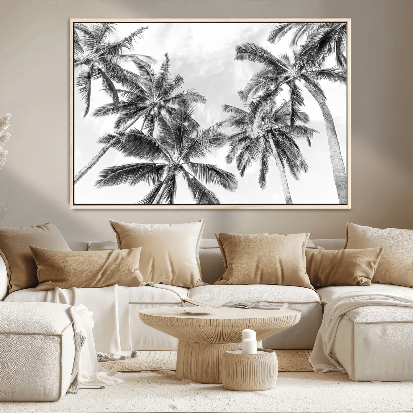 MGV-FC-36X24 - Black White Palm Wall Art Canvas Print, Framed Monochrome Tropics Art Picture Print, Minimalist Beach Perfect Coastal Minimalist Decor Artwork