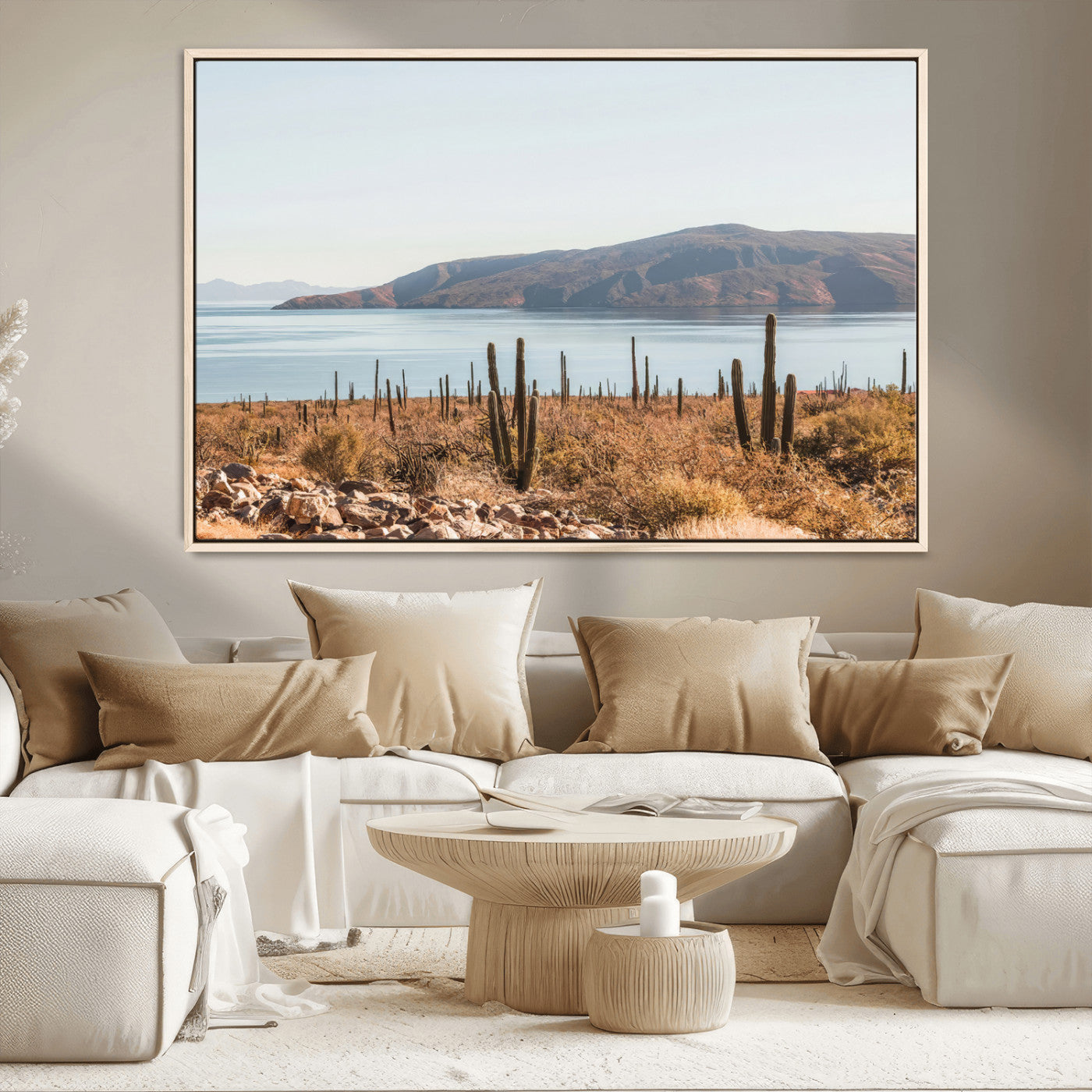 MGV-FC-36X24 - Desert Cactus Wall Art Canvas Print, Framed Baja Coastline Art Picture Print, Coastal Desert Perfect Southwestern Minimalist Decor Artwork