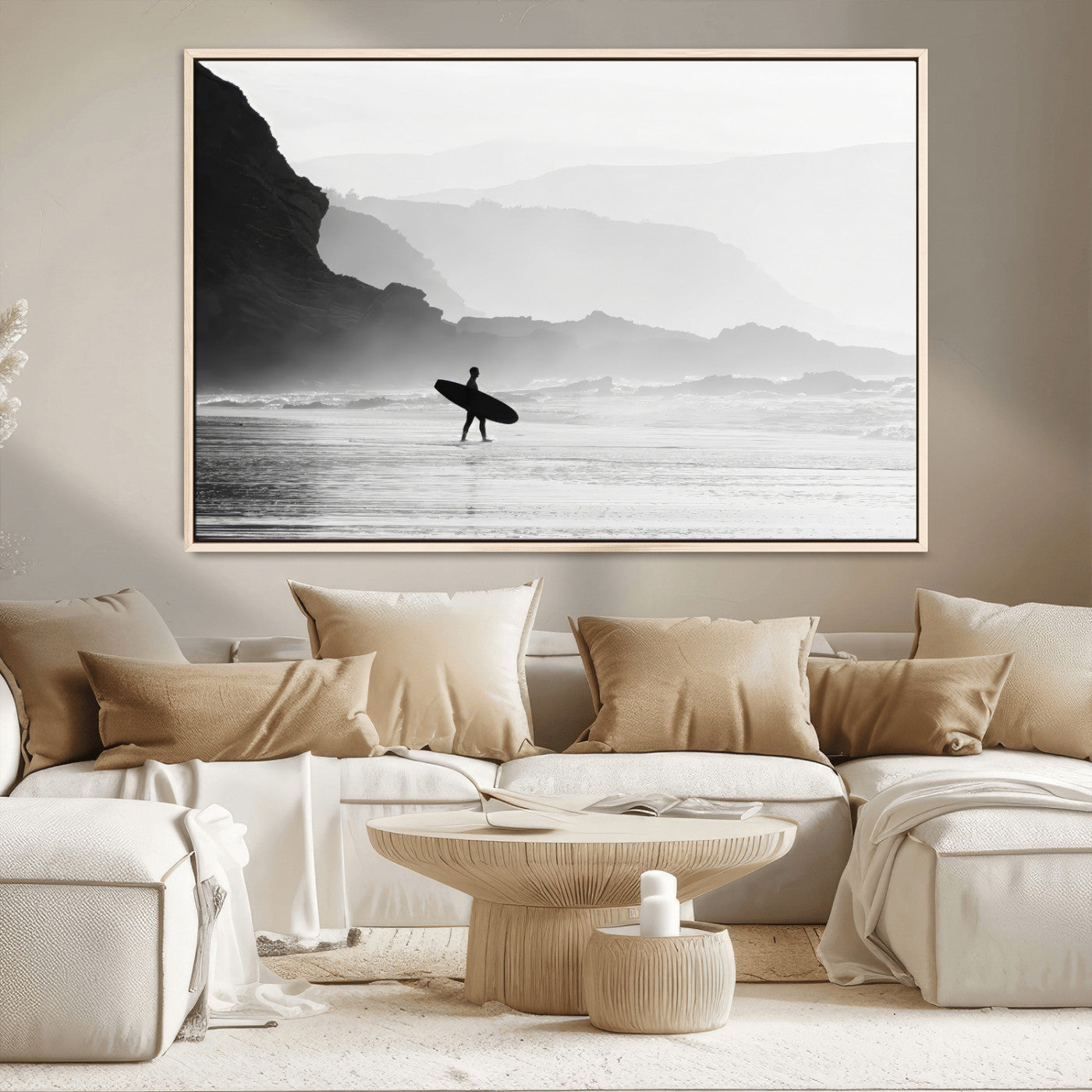 MGV-FC-36X24 - Surfer In Fog Wall Art Canvas Print, Framed Moody Shoreline Art Picture Print, Cliffside Waves Perfect Minimalist Coastal Decor Artwork