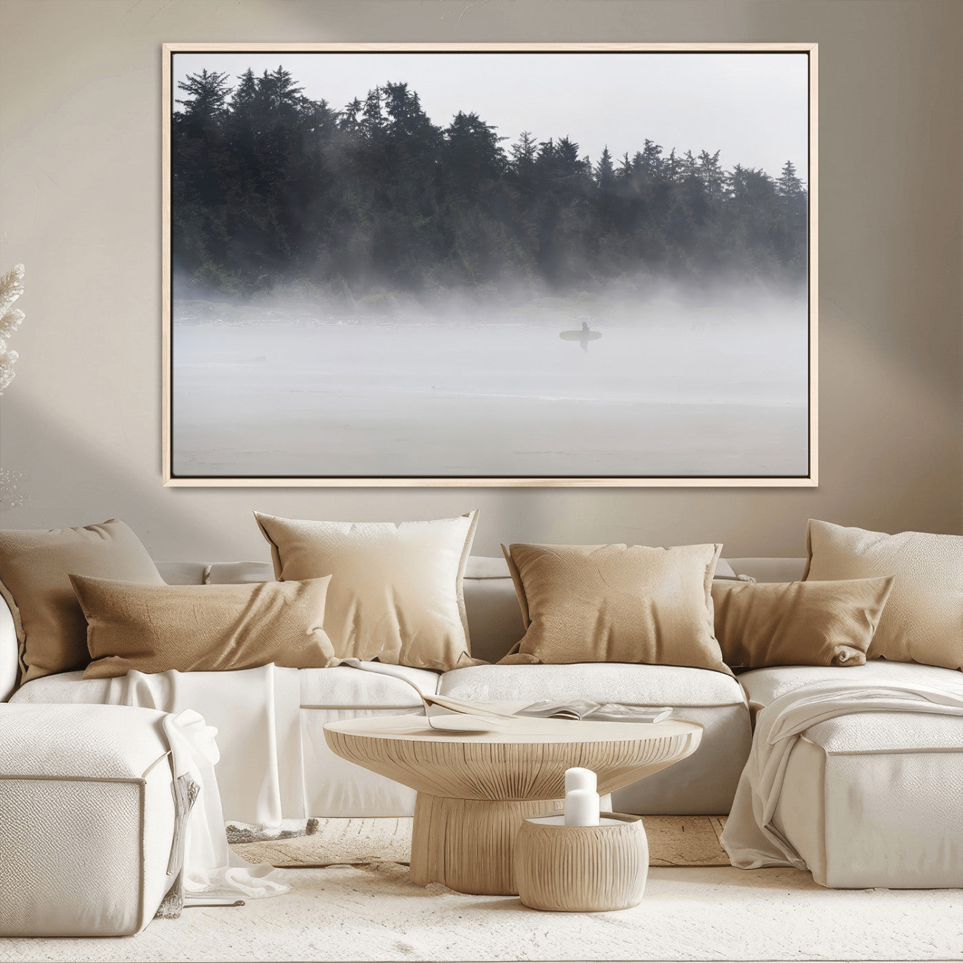MGV-FC-36X24 - Surfer in Fog Wall Art Canvas Print, Framed Foggy Beach Art Picture Print, Coastal Surf Perfect Moody Coastal Decor Artwork
