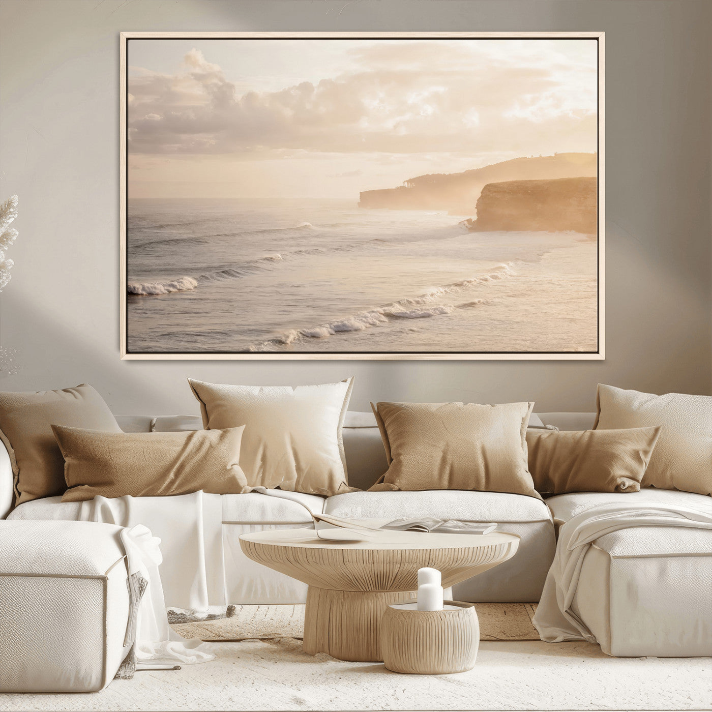 MGV-FC-36X24 - Misty Coastal Wall Art Canvas Print, Framed Golden Sunset Art Picture Print, Serene Shoreline Perfect Tranquil Coastal Decor Artwork