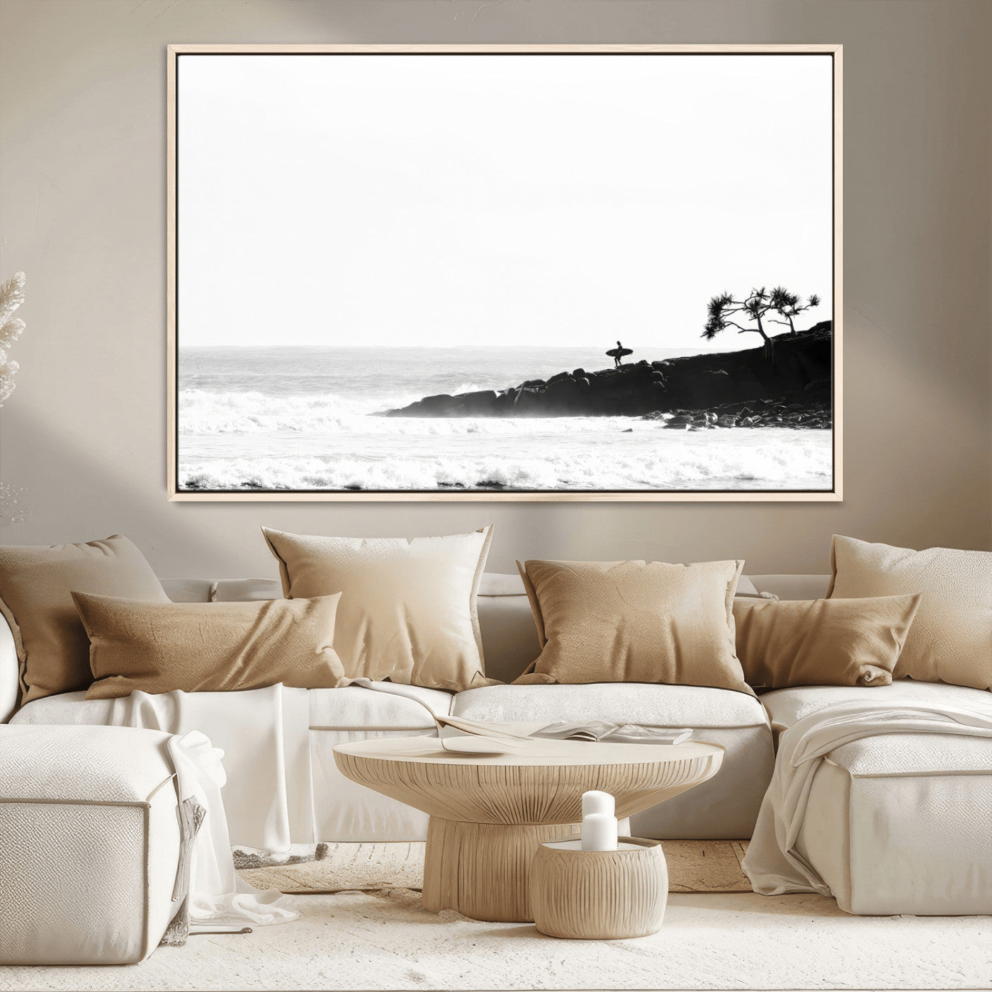 MGV-FC-36X24 - SurferCliffs Wall Art Canvas Print, Framed Black White Beach Art Picture Print, Ocean Waves Perfect Minimalist Coastal Decor Artwork