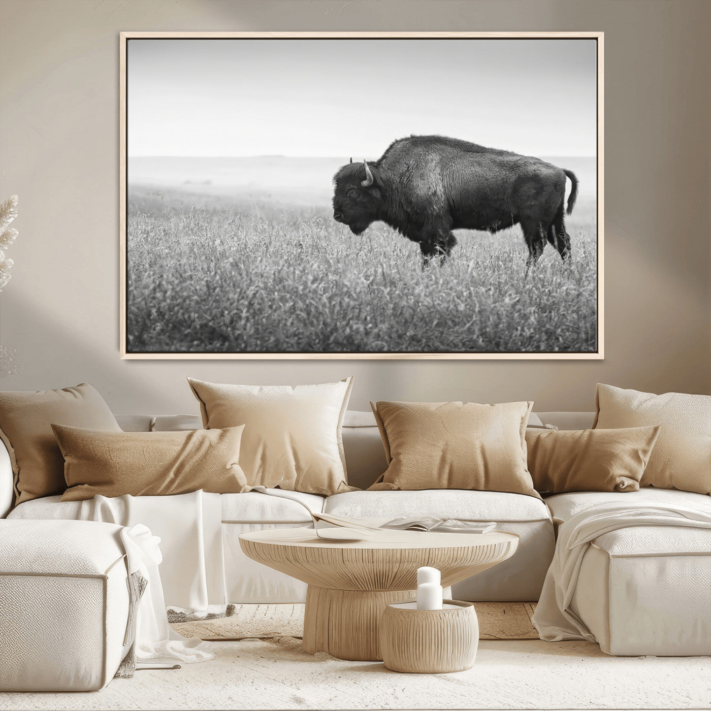 MGV-FC-36X24 - Bison In Prairie Wall Art Canvas Print, Framed Rustic Wildlife Art Picture Print, Wild Buffalo Perfect Rustic Western Decor Artwork