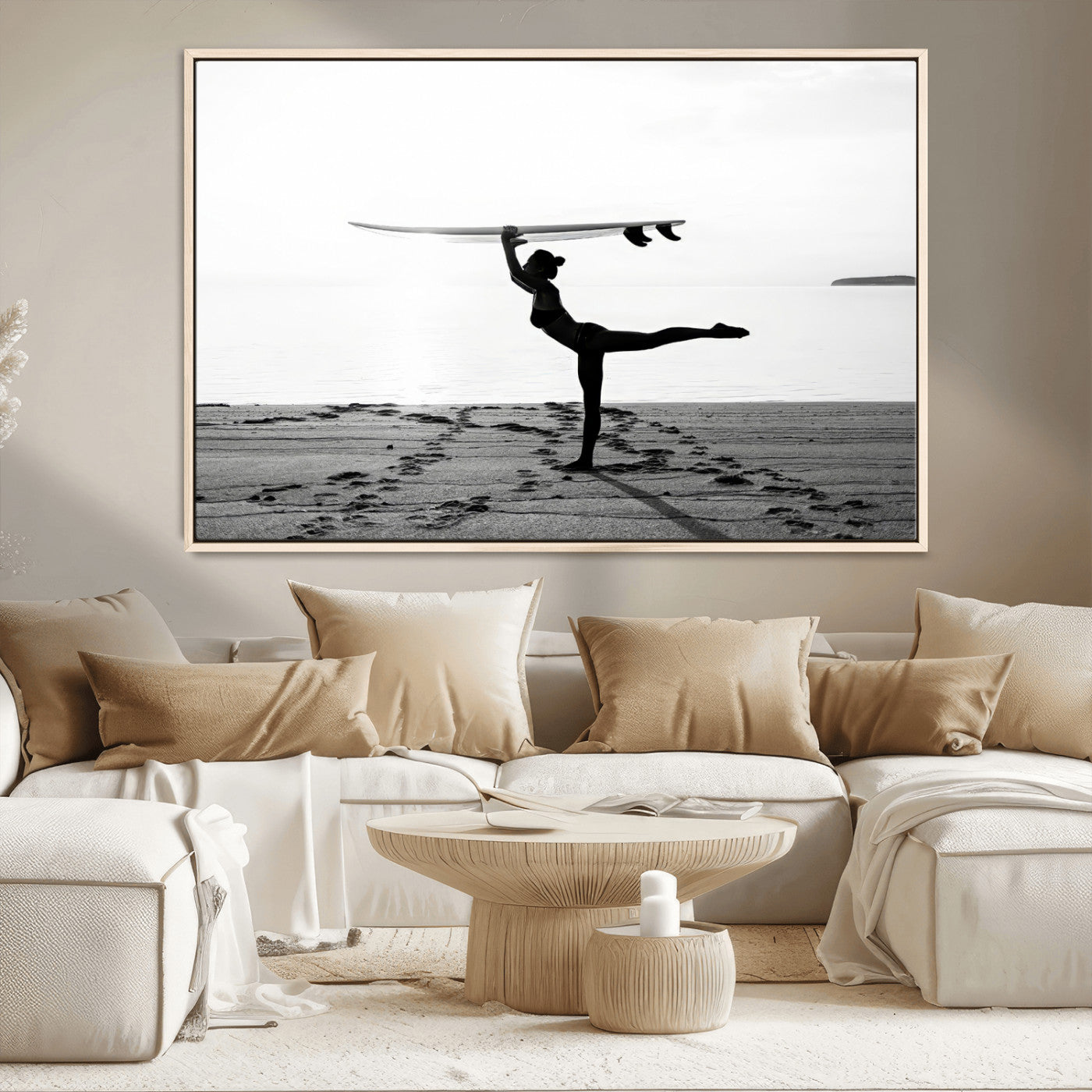MGV-FC-36X24 - Yoga Surf Wall Art Canvas Print, Framed Black White Shore Art Picture Print, Peaceful Ocean Perfect Minimalist Coastal Decor Artwork
