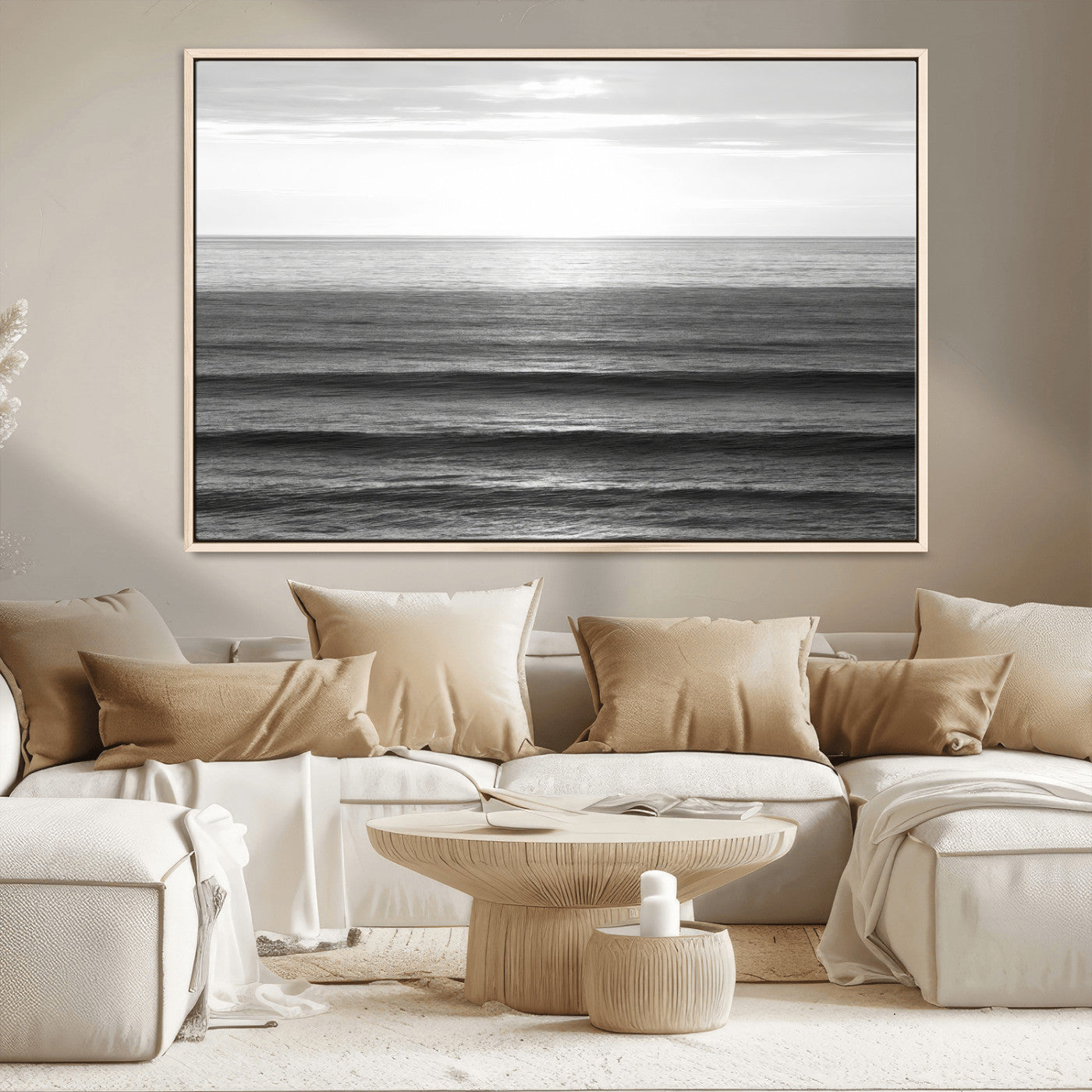 MGV-FC-36X24 - Monochrome Ocean Wall Art Canvas Print, Framed Moody Ocean Art Picture Print, Calm Ocean Perfect Minimalist Coastal Decor Artwork