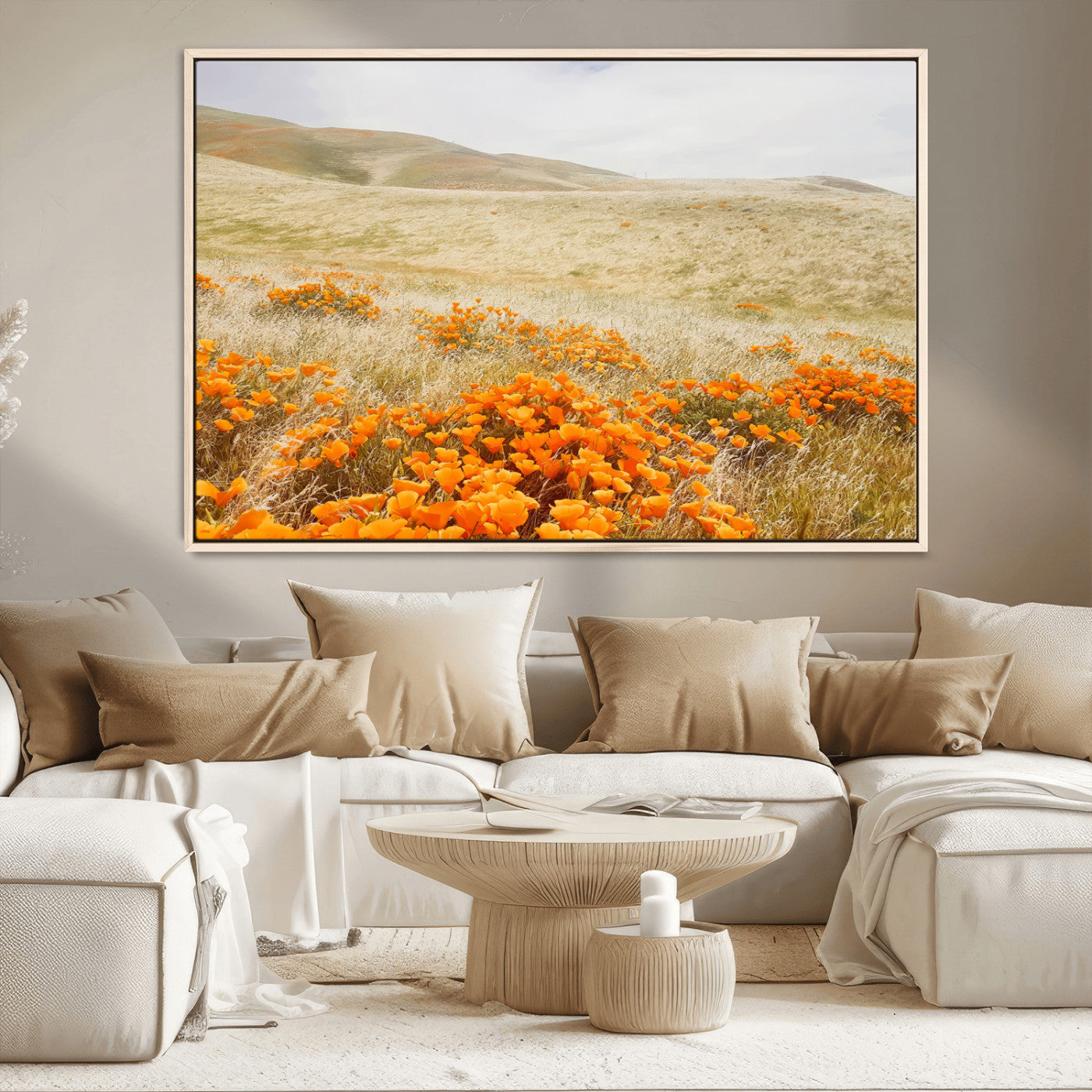 MGV-FC-36X24 - Golden Wildflowers Wall Art Canvas Print, Framed Hills Bloom Art Picture Print, Poppy Meadow Perfect Rustic Nature Decor Artwork