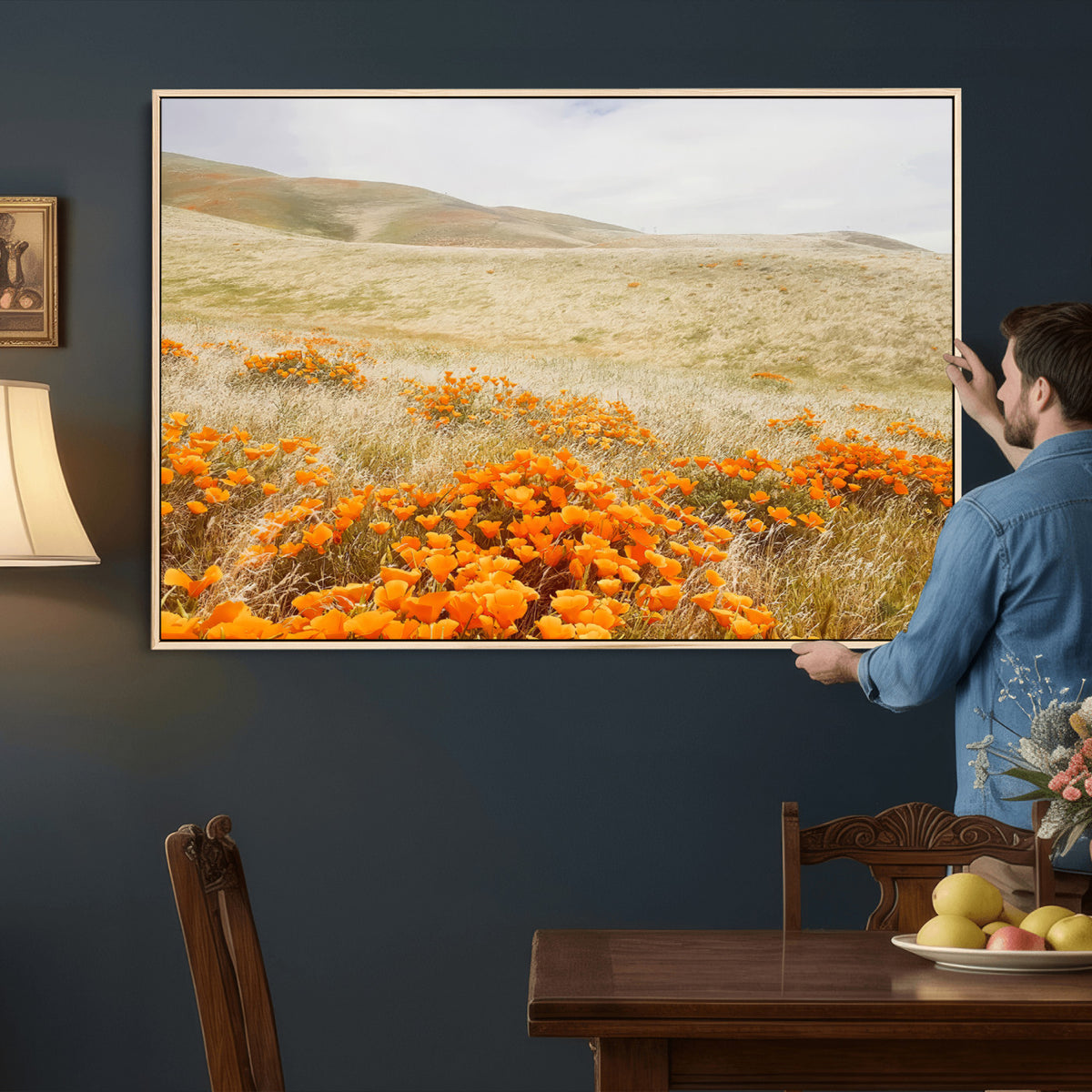 28972262-_Poster-30x20 - Golden Wildflowers Wall Art Canvas Print, Framed Hills and Poppy Meadow Scene