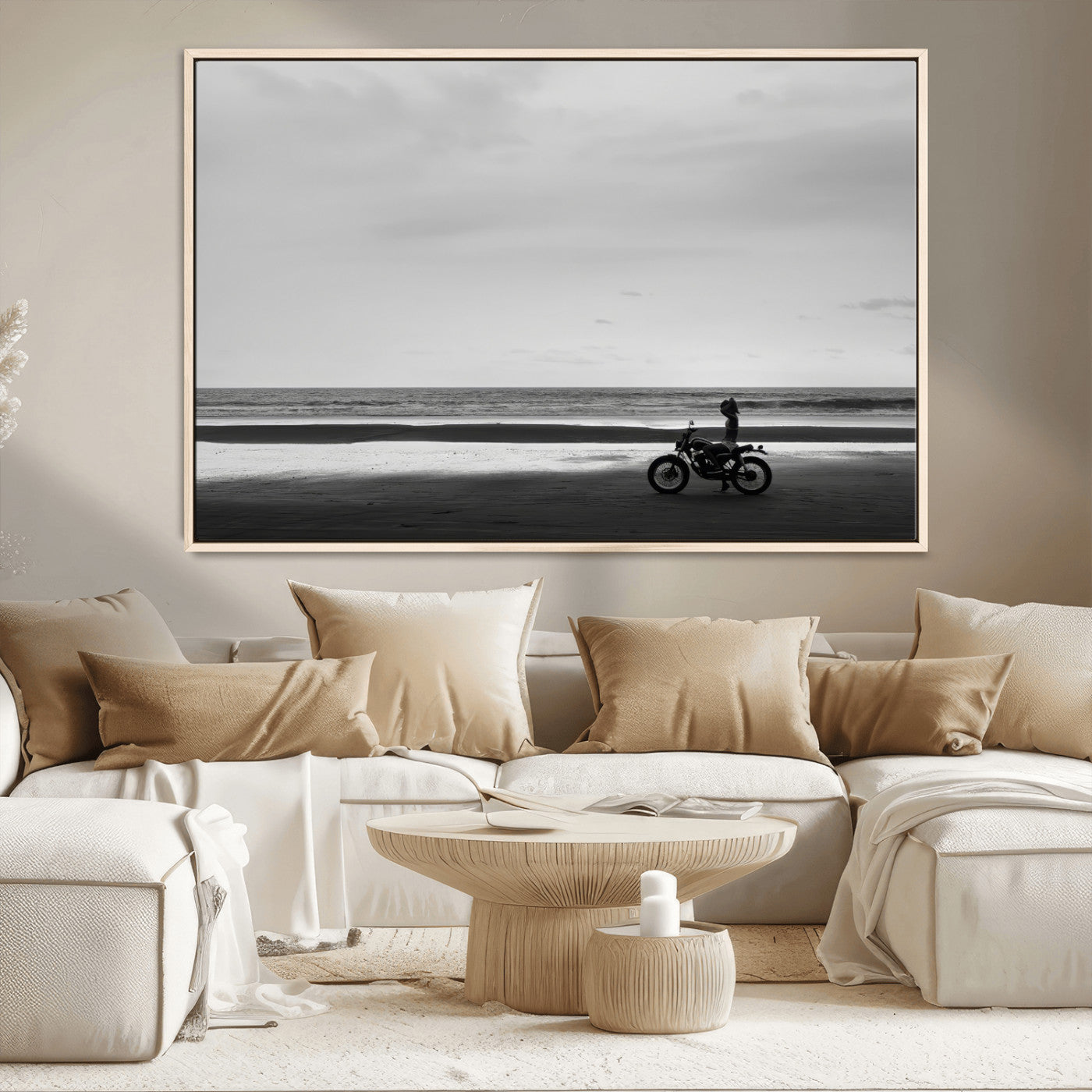 MGV-FC-36X24 - Motorcycle Beach Wall Art Canvas Print, Framed Vintage Motorcycle Art Picture Print, Biker Silhouette Perfect Minimalist Adventure Decor Artwork