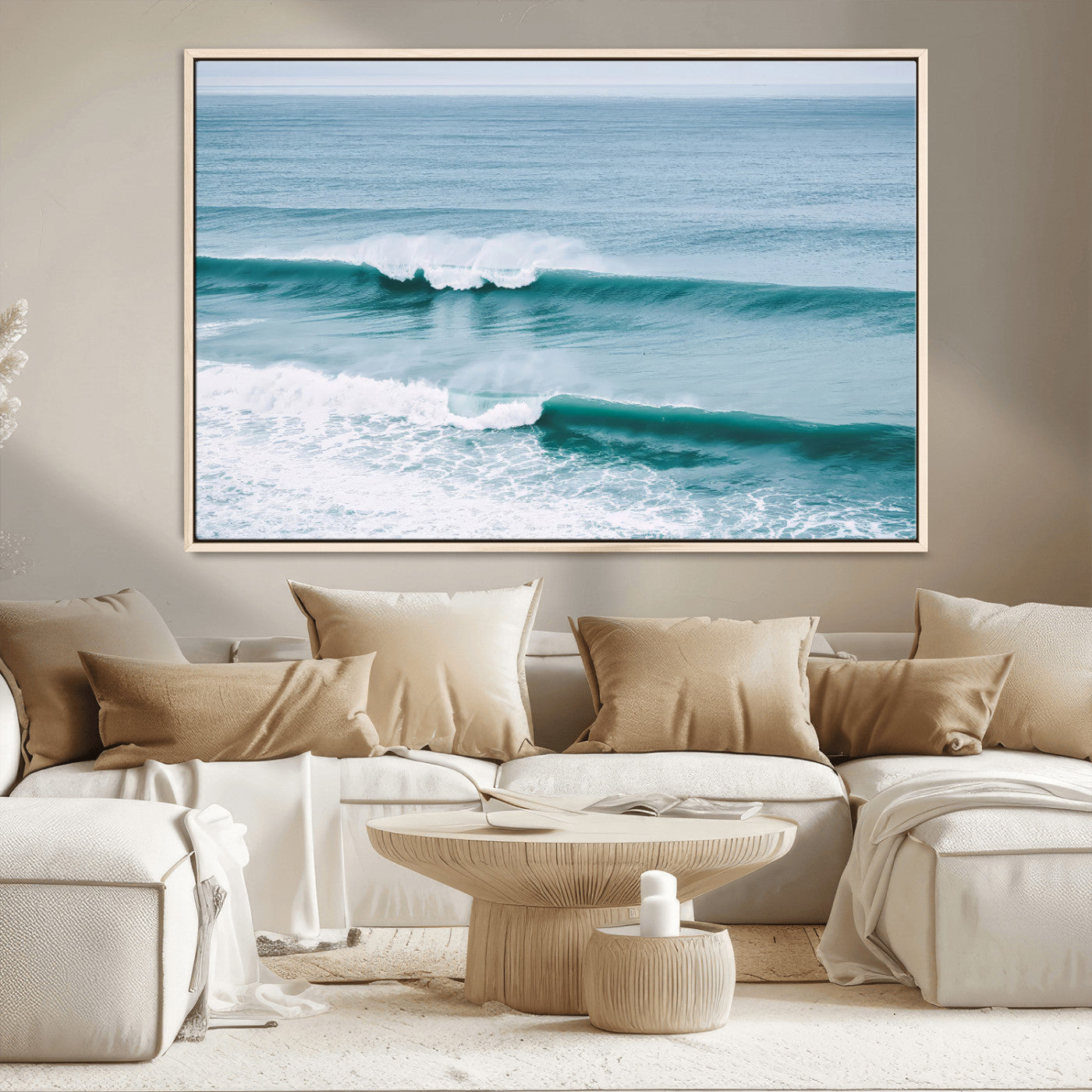 Powerful ocean waves rolling towards the shore, their turquoise hues blending with white sea foam under an open horizon, capturing the essence of the ocean's movement.