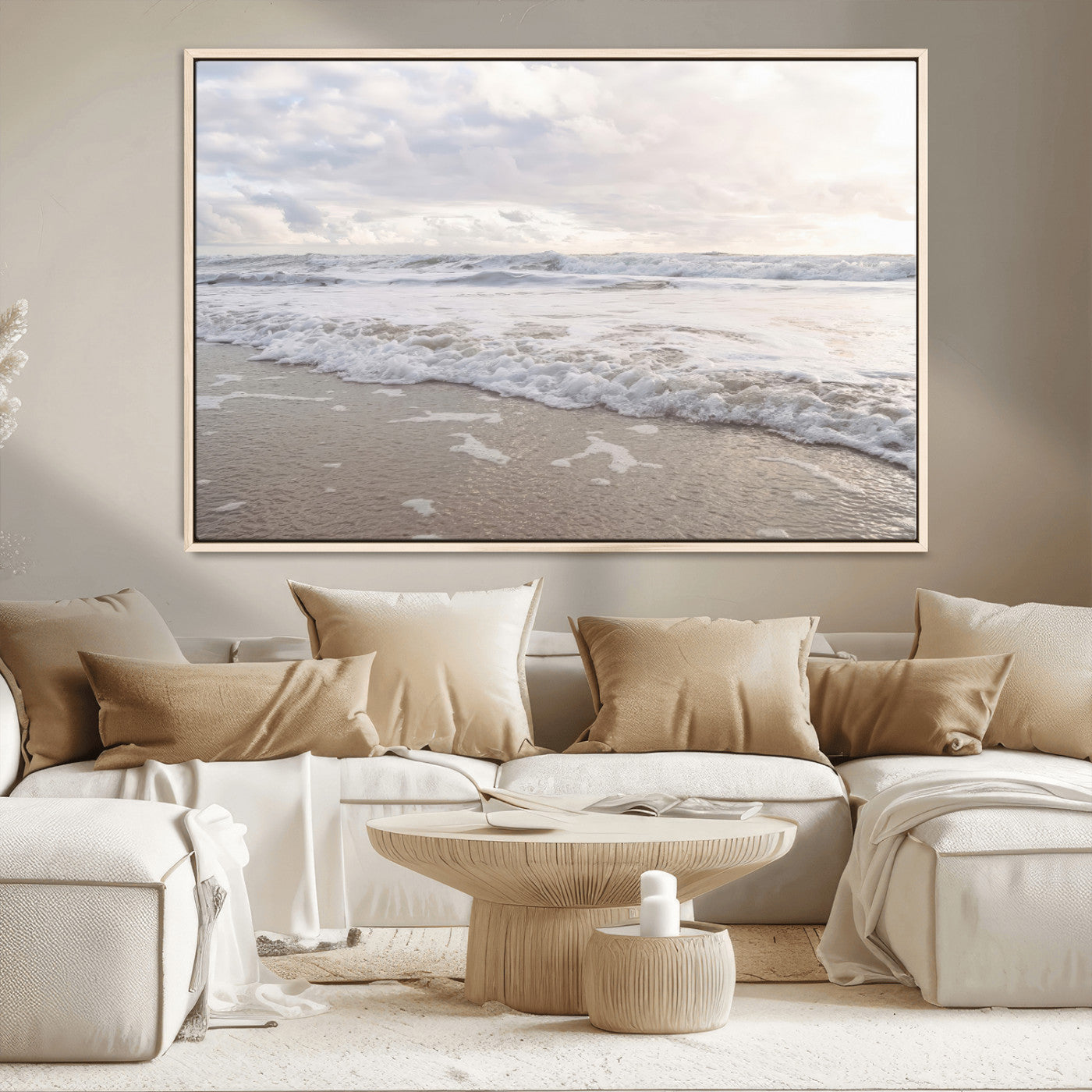 MGV-FC-36X24 - Ocean Waves Wall Art Canvas Print, Framed Coastal Shoreline Art Picture Print, Sea Foam Perfect Coastal Minimalist Decor Artwork