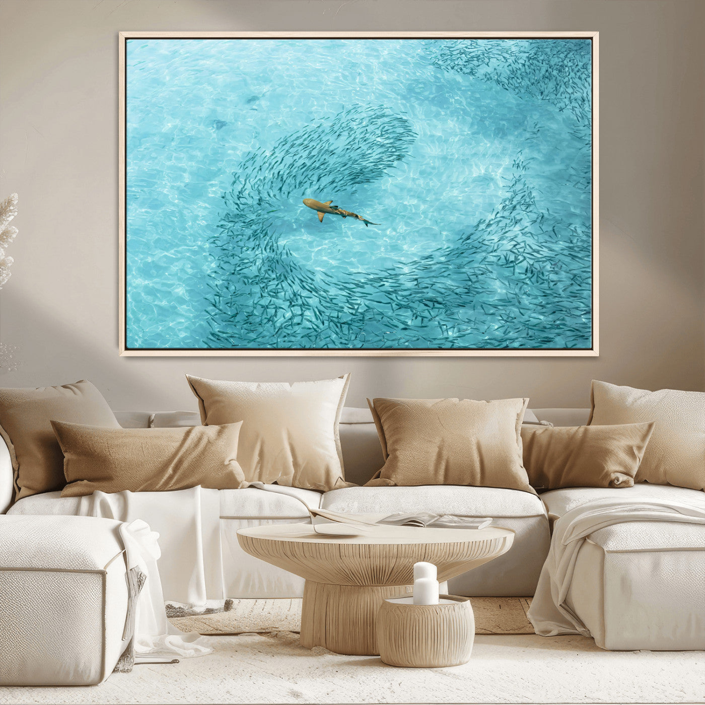 MGV-FC-36X24 - Fish Swarm Wall Art Canvas Print, Framed Marine Life Art Picture Print, Shark Aerial Perfect Wildlife Coastal Decor Artwork