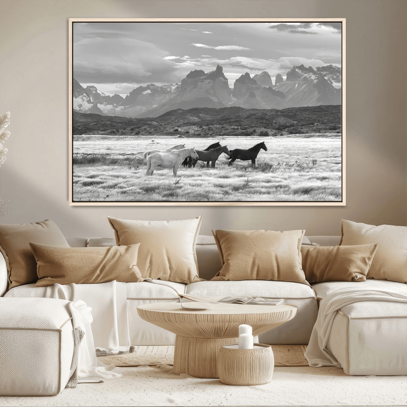 MGV-FC-36X24 - Wild Horses Wall Art Canvas Print, Framed Black White Mountains Art Picture Print, Rustic Countryside Perfect Rustic Western Decor Artwork