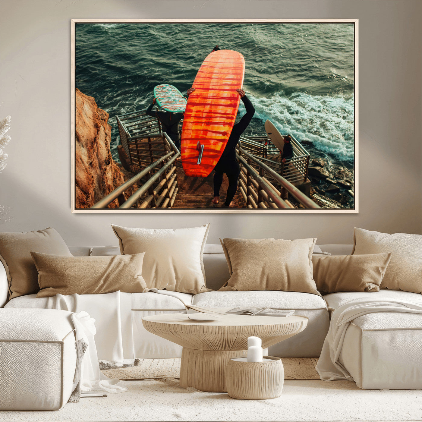 MGV-FC-36X24 - Surfer Stairway Wall Art Canvas Print, Framed Ocean Surf Art Picture Print, Sunset Coastal Perfect Coastal Adventure Decor Artwork