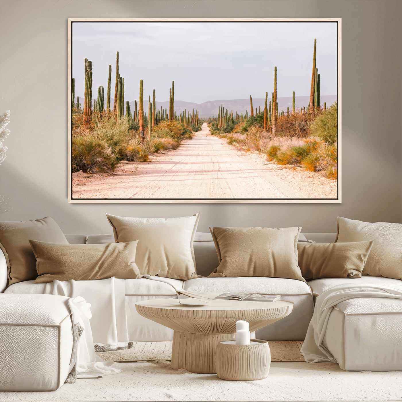 MGV-FC-36X24 - Desert Cactus Lined Road Wall Art Canvas Print, Framed Southwestern Landscape Art Picture Print, Bohemian Western Aesthetic Perfect Southwestern Boho Decor Artwork