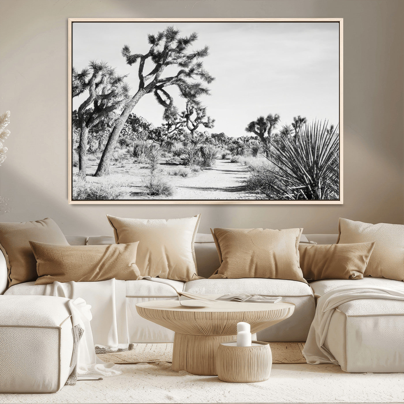 MGV-FC-36X24 - Joshua Tree Wall Art Canvas Print, Framed Desert Path Art Picture Print, Monochrome Desert Perfect Minimalist Desert Decor Artwork