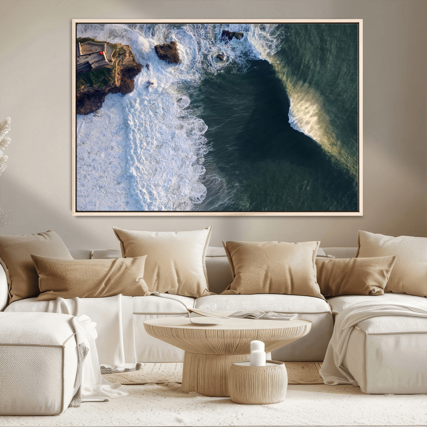 MGV-FC-36X24 - Nazaré Coast Wall Art Canvas Print, Framed Aerial Ocean Art Picture Print, Coastal Fortress Perfect Dramatic Coastal Decor Artwork