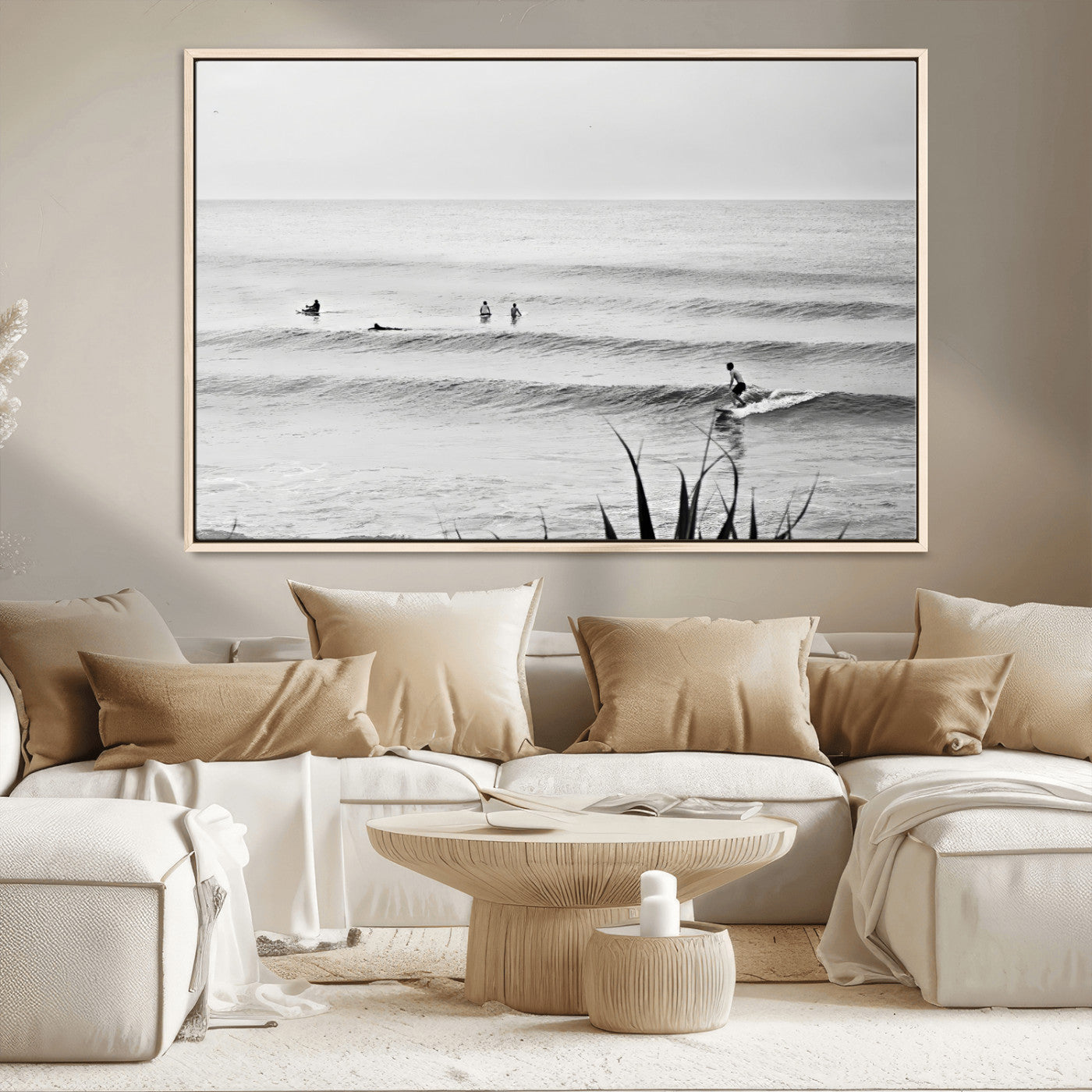MGV-FC-36X24 - Surfer Silhouette Wall Art Canvas Print, Framed Calm Ocean Art Picture Print, Monochrome Surf Perfect Minimalist Coastal Decor Artwork