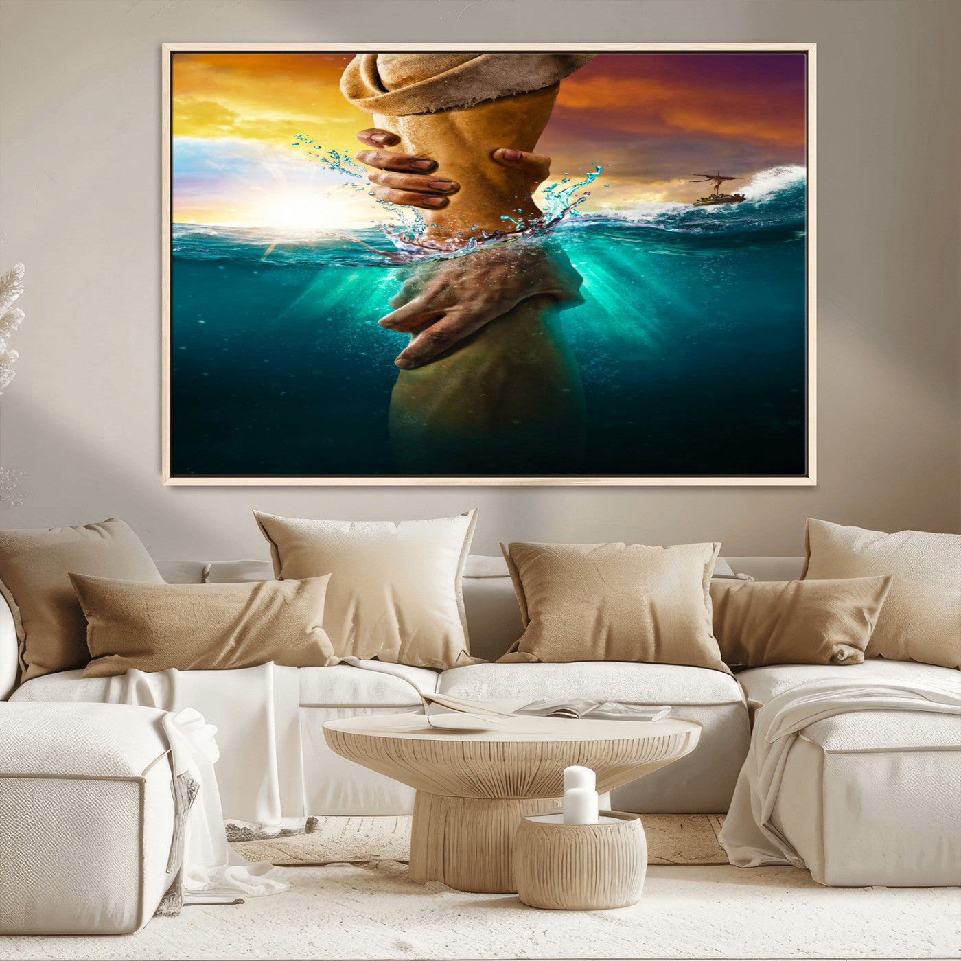 A dramatic scene of a hand reaching underwater and being lifted, symbolizing rescue and faith, ideal for spiritual or Christian wall decor.