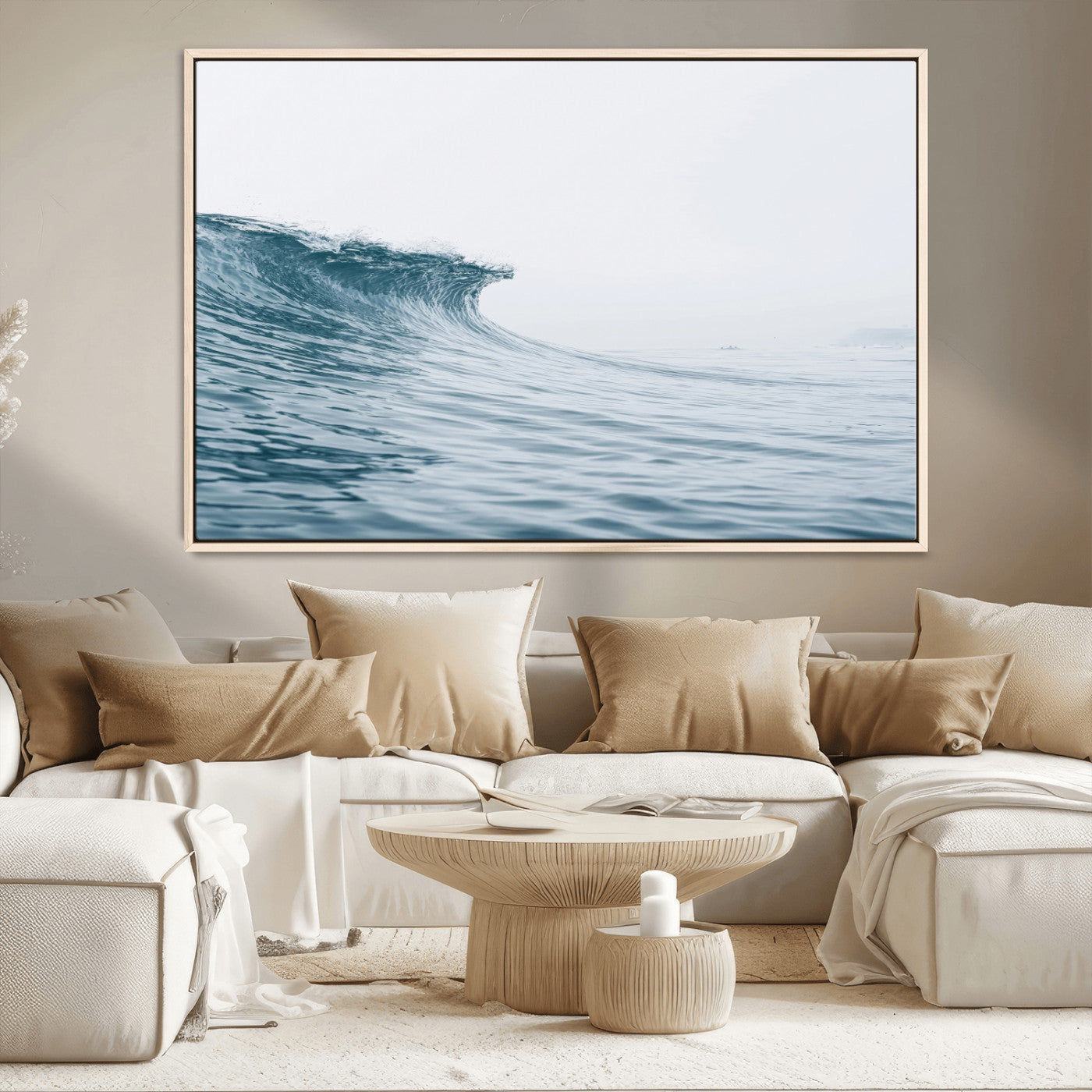 A single ocean wave curling in soft blue tones under a misty sky, ideal for coastal or minimalist home wall decor.