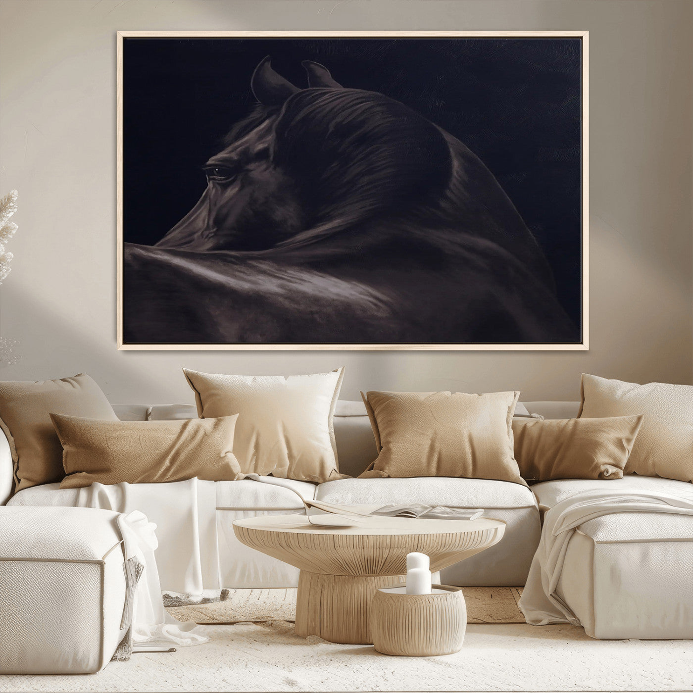 Moody black horse portrait with dramatic lighting on dark background, ideal for rustic, modern or Western style home decor.