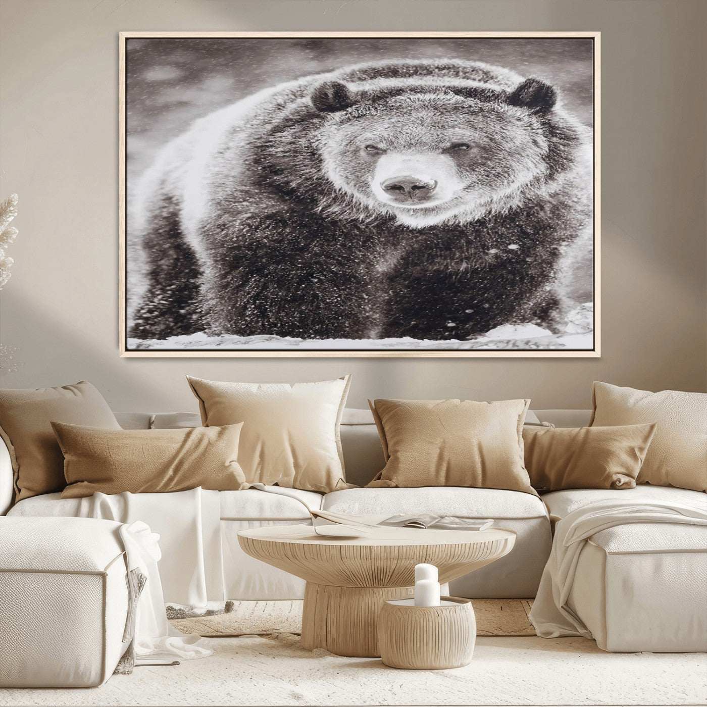 Snow-covered grizzly bear in black and white, ideal for rustic lodge, cabin or wildlife-themed home wall decor.
