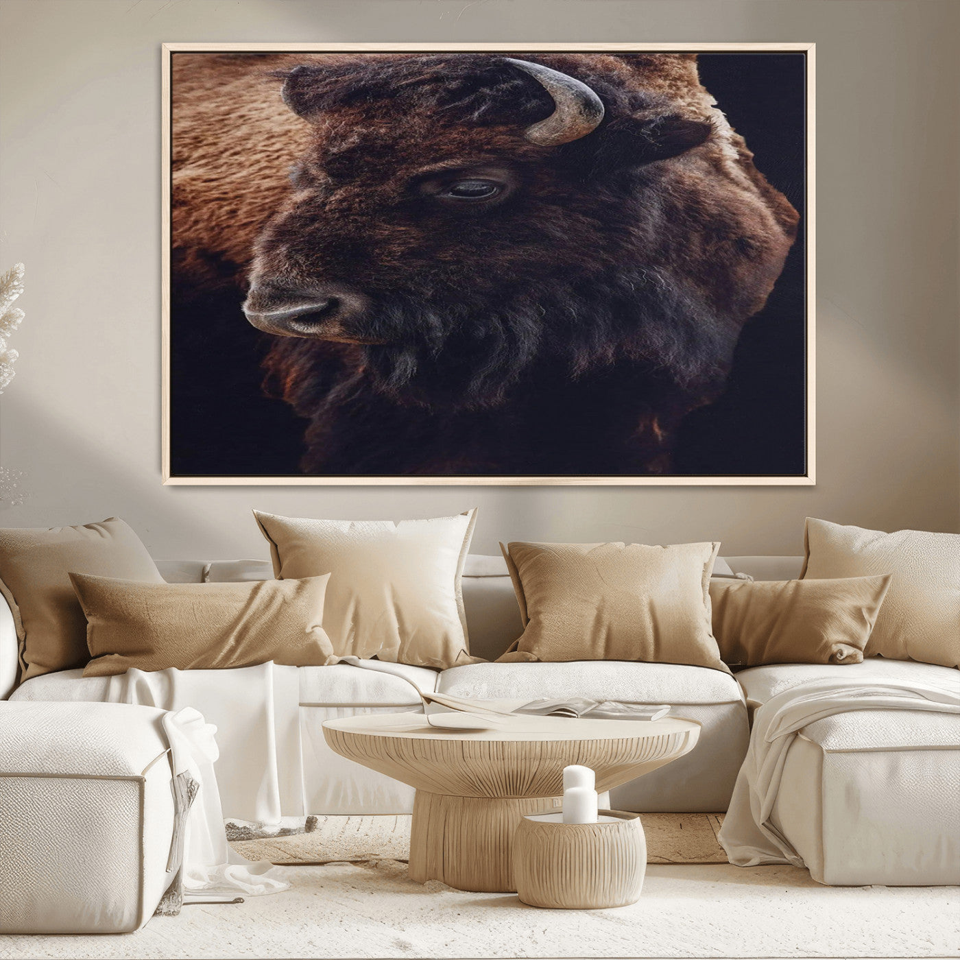 Close-up portrait of a bison with dark fur on a black background, perfect for rustic, lodge, or Western-style interior wall decor.