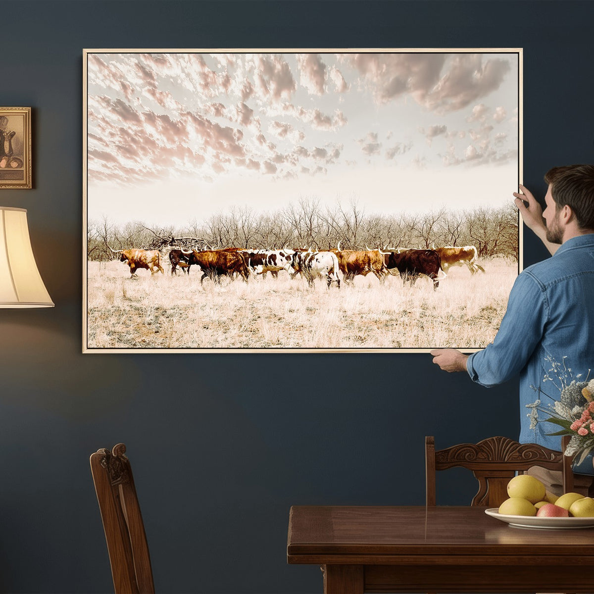 64892775-MGV-CV-24X16 - Longhorn Cattle Wall Art Canvas Print, Framed Texas Ranch Art, Western Cow Print, Prairie Landscape Decor