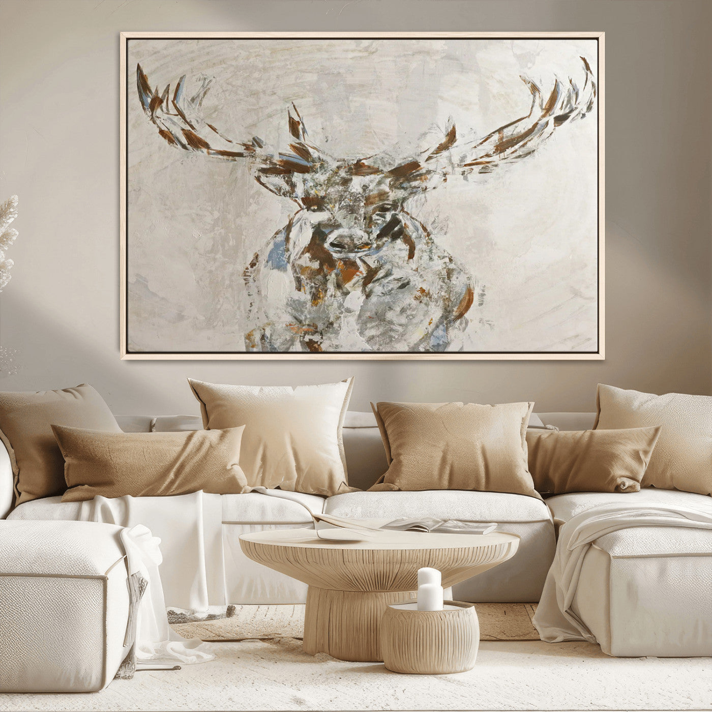 Abstract painting of a deer with antlers in neutral earth tones, ideal for modern rustic or lodge-style living room wall decor.