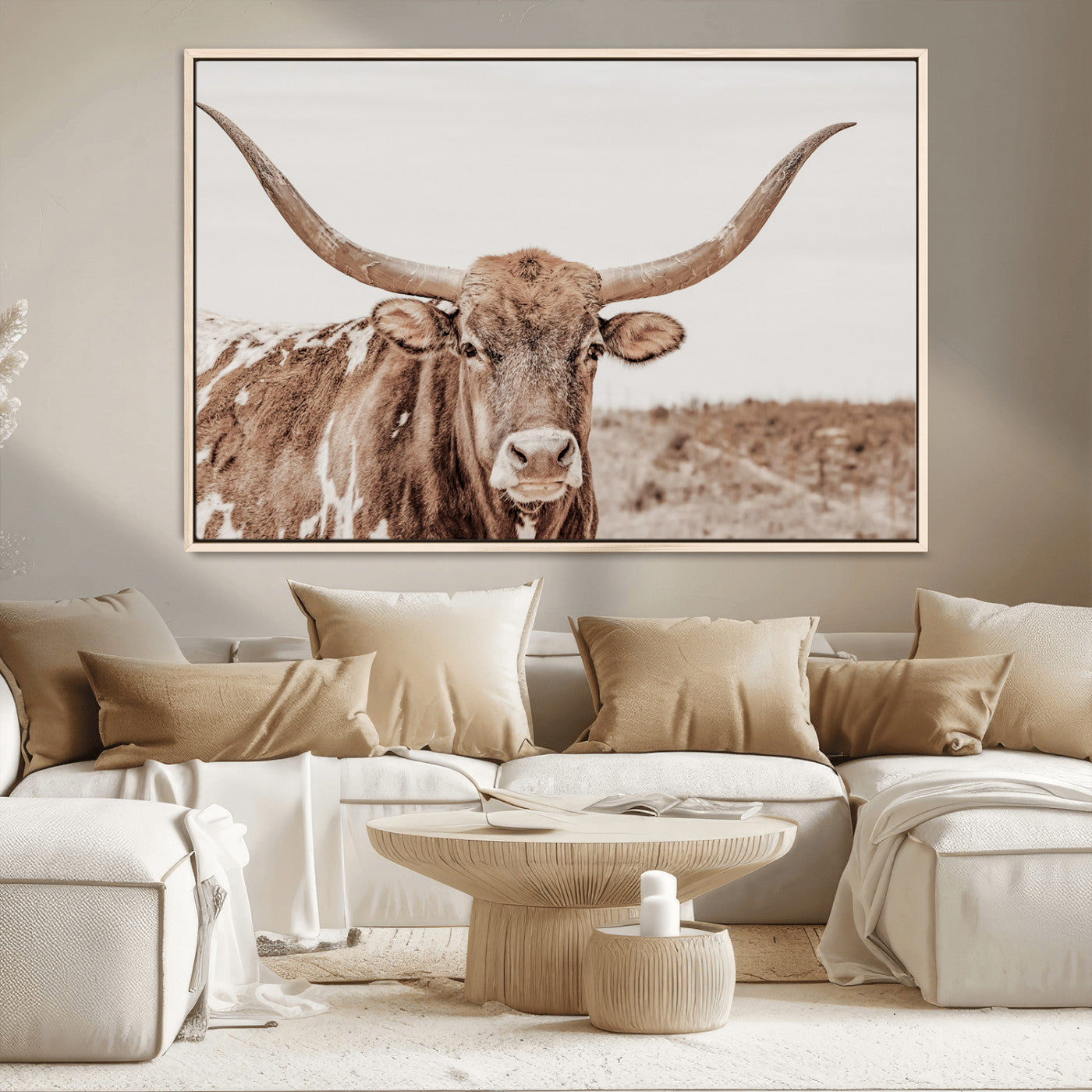 MGV-FC-36X24 - Longhorn Cow Wall Art Canvas Print, Framed Texas Ranch Art Picture Print, Western Bull Perfect County Decor Artwork