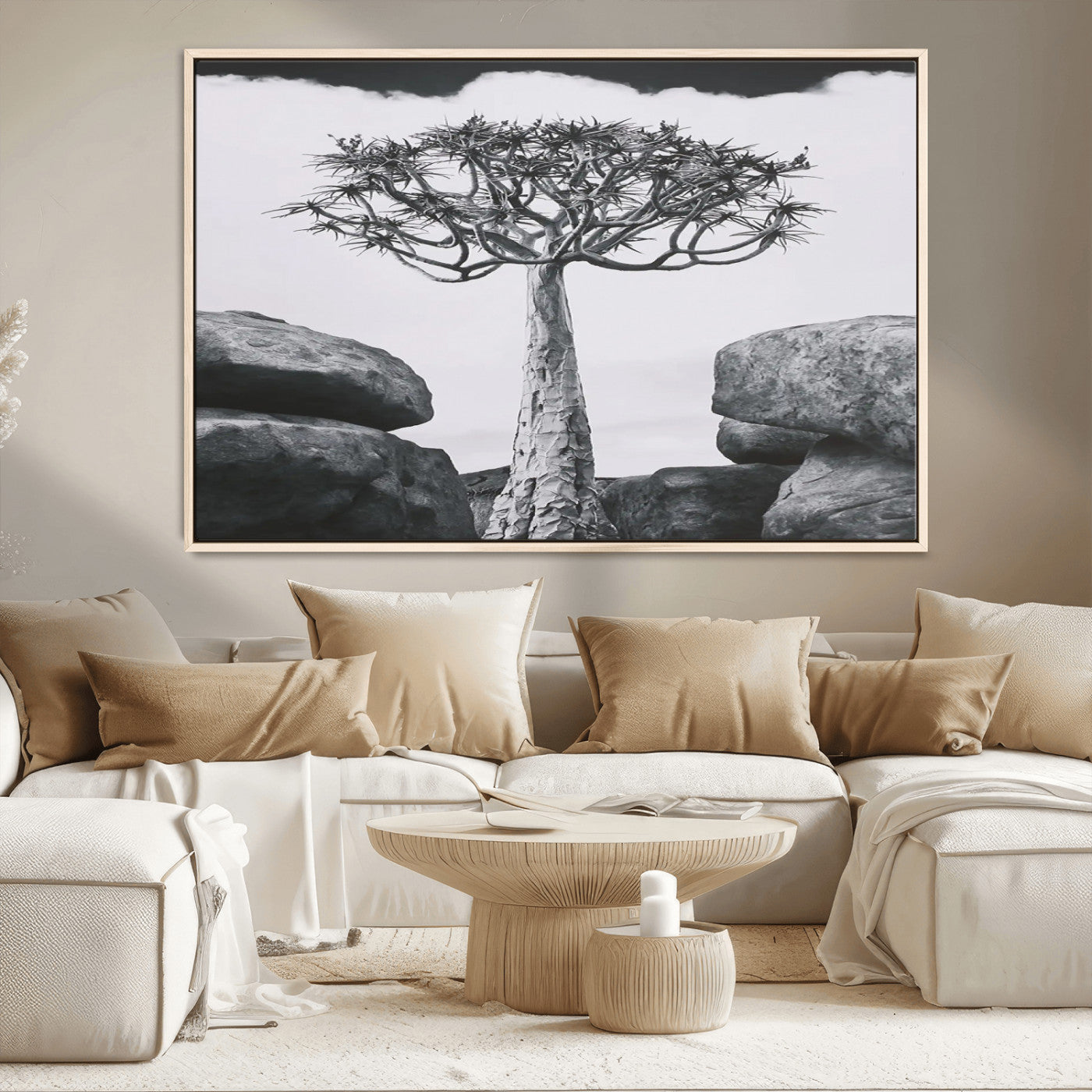 Black and white Joshua tree with bold rocky background, ideal for minimalist or desert-inspired home wall decoration.