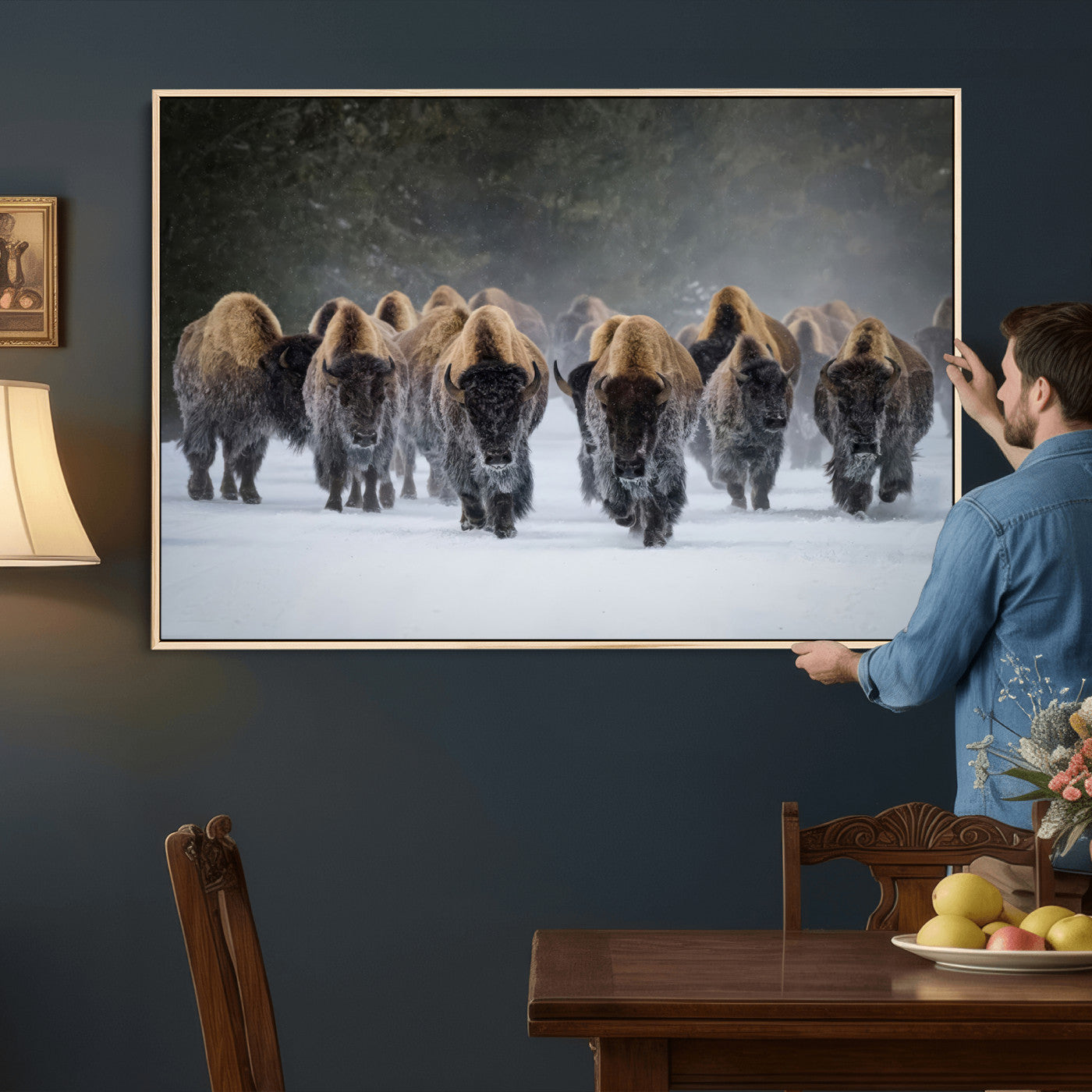 41669135-MGV-CV-36X24 - Winter Bison Herd Wall Art – Majestic Buffalo Charge Canvas Print with Snow Covered Plains, Rustic Wildlife Strength and Untamed Nature Decor for Home and Office