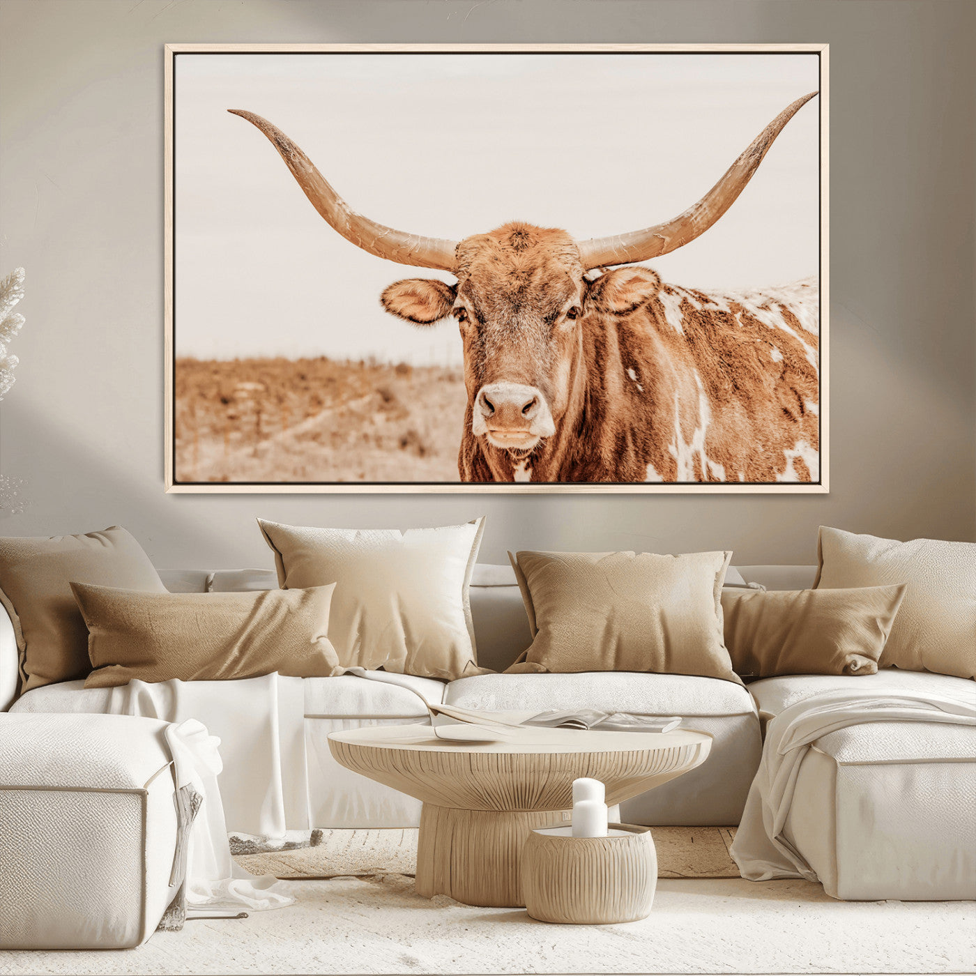 MGV-FC-36X24 - Longhorn Bull Wall Art Canvas Print, Framed Western Cow Art Picture Print, Rustic Farmhouse Perfect Neutral Farmhouse Decor Artwork