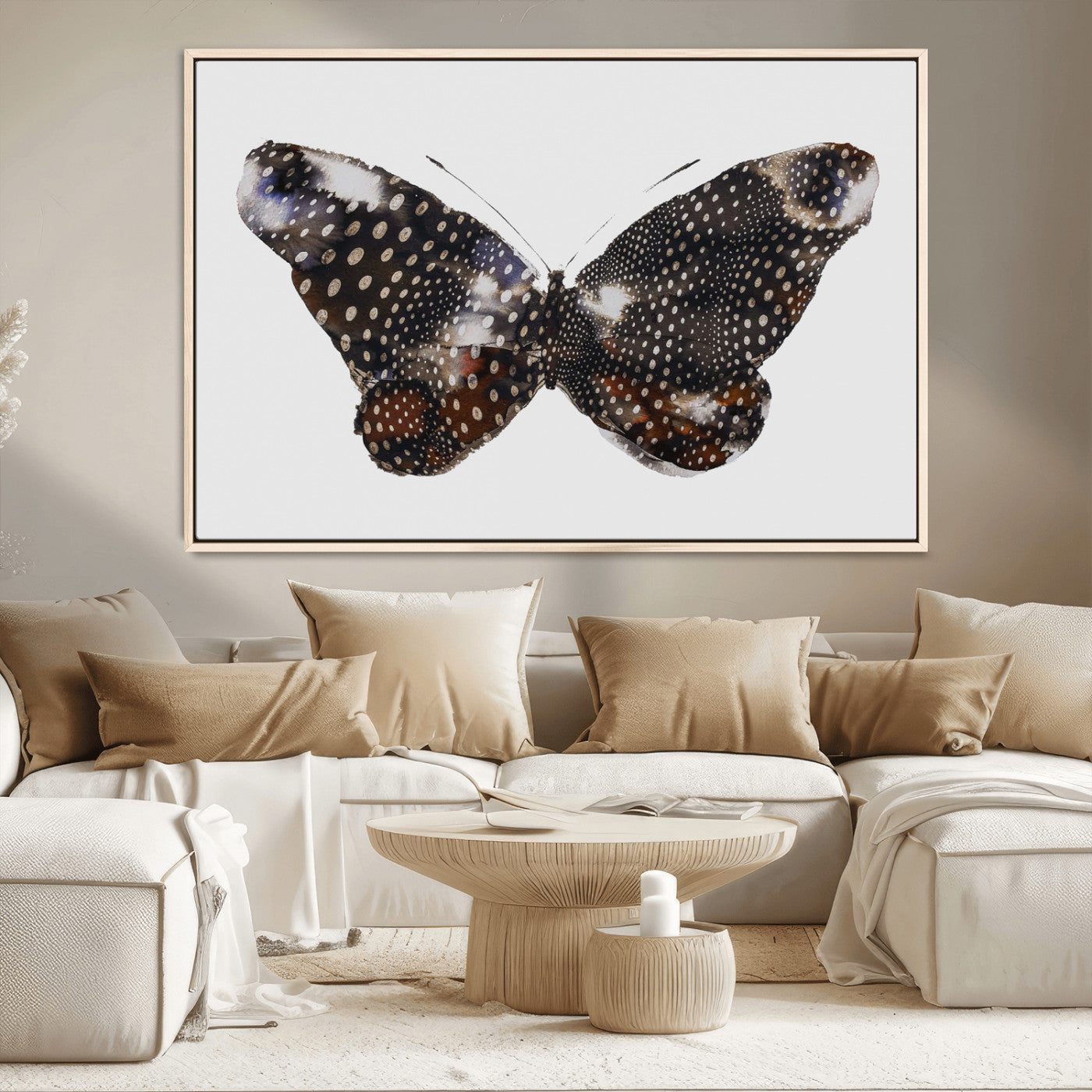 MGV-FC-36X24 - Spotted Butterfly Wall Art Canvas Print, Framed Neutral Insect Theme Art Picture Print, Earthy Wing Pattern Perfect Modern Rustic Decor Artwork